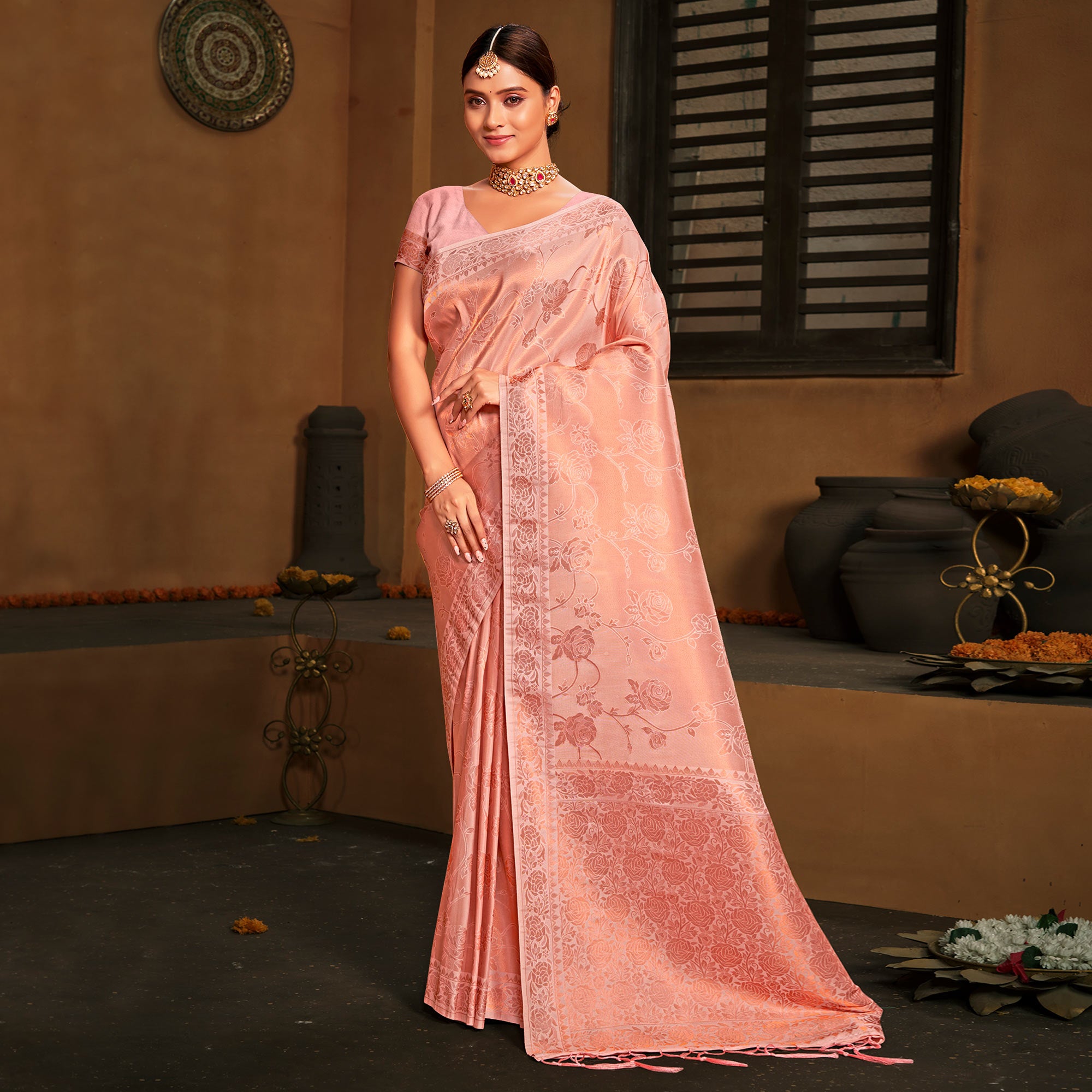 Pink Woven Art Silk Saree With Tassels