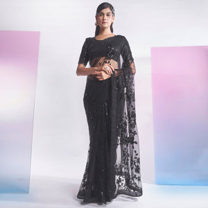 Black Floral Sequins Embroidered Soft Net Saree