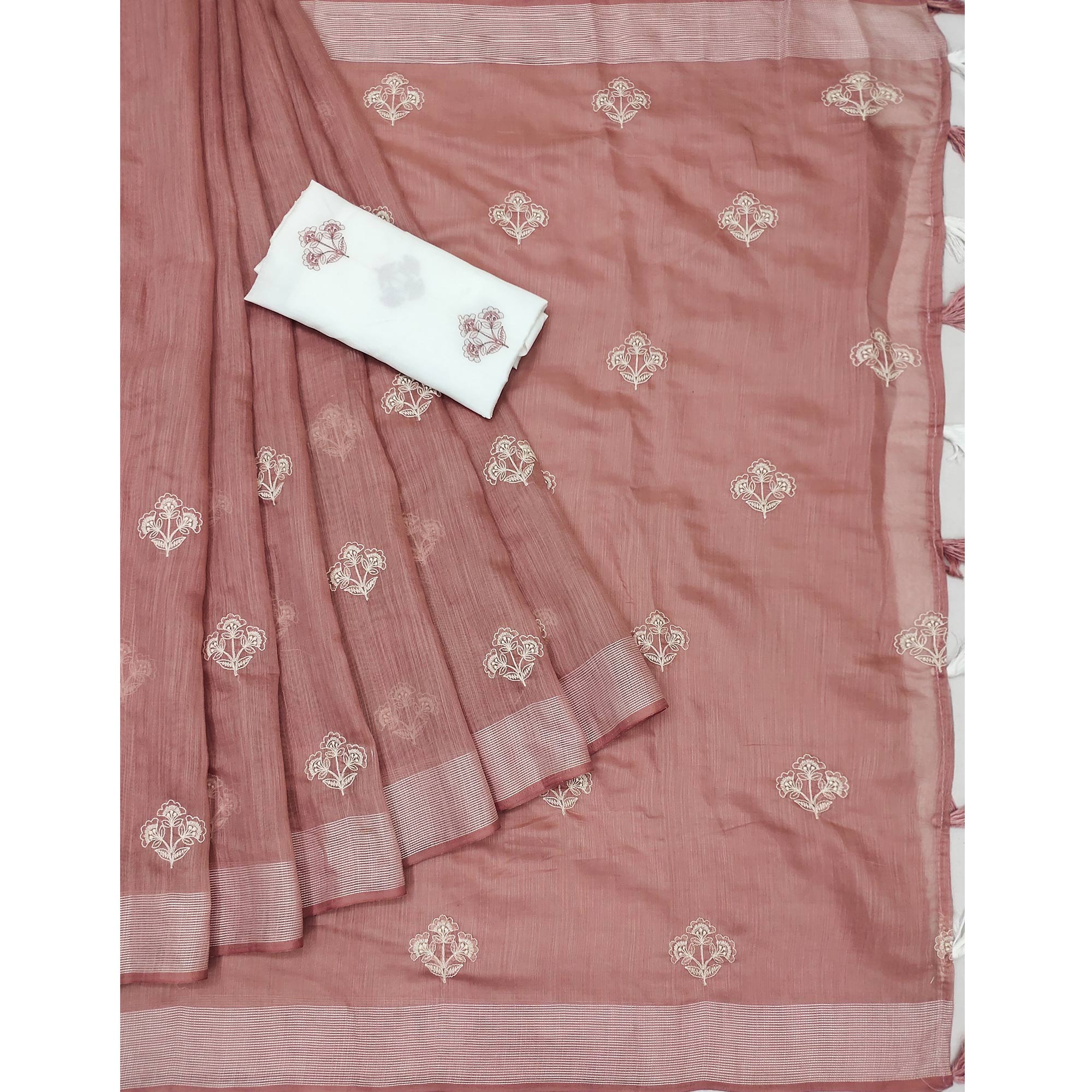 Mauve Floral Embroidered Raw Silk Saree