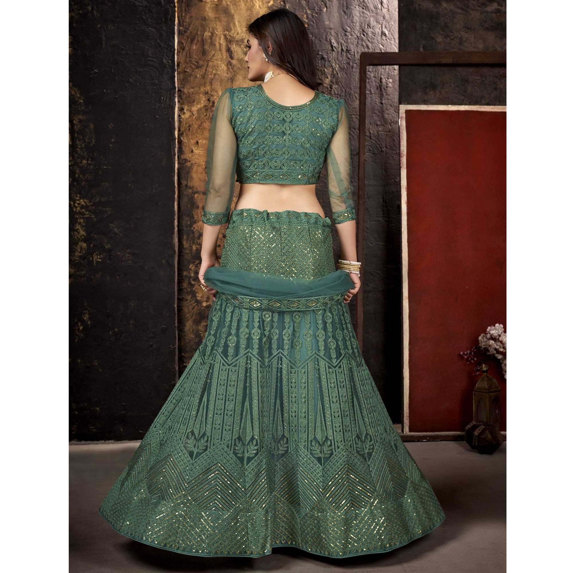 Green Sequins Embroidered Net Lehenga Choli