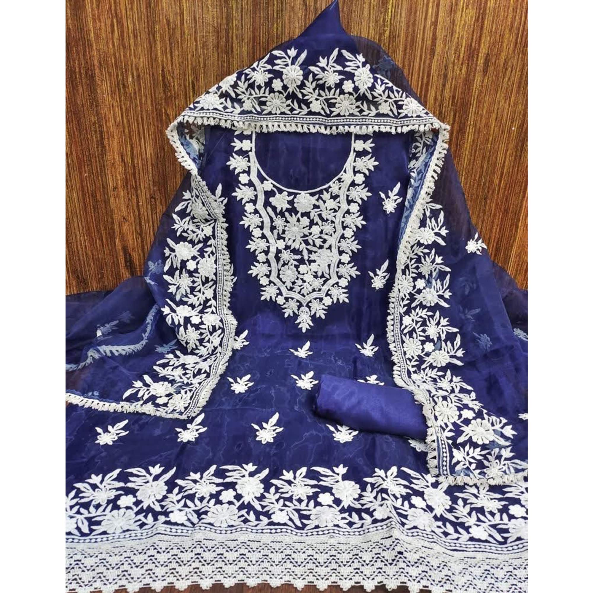 Blue Floral Embroidered Organza Dress Material
