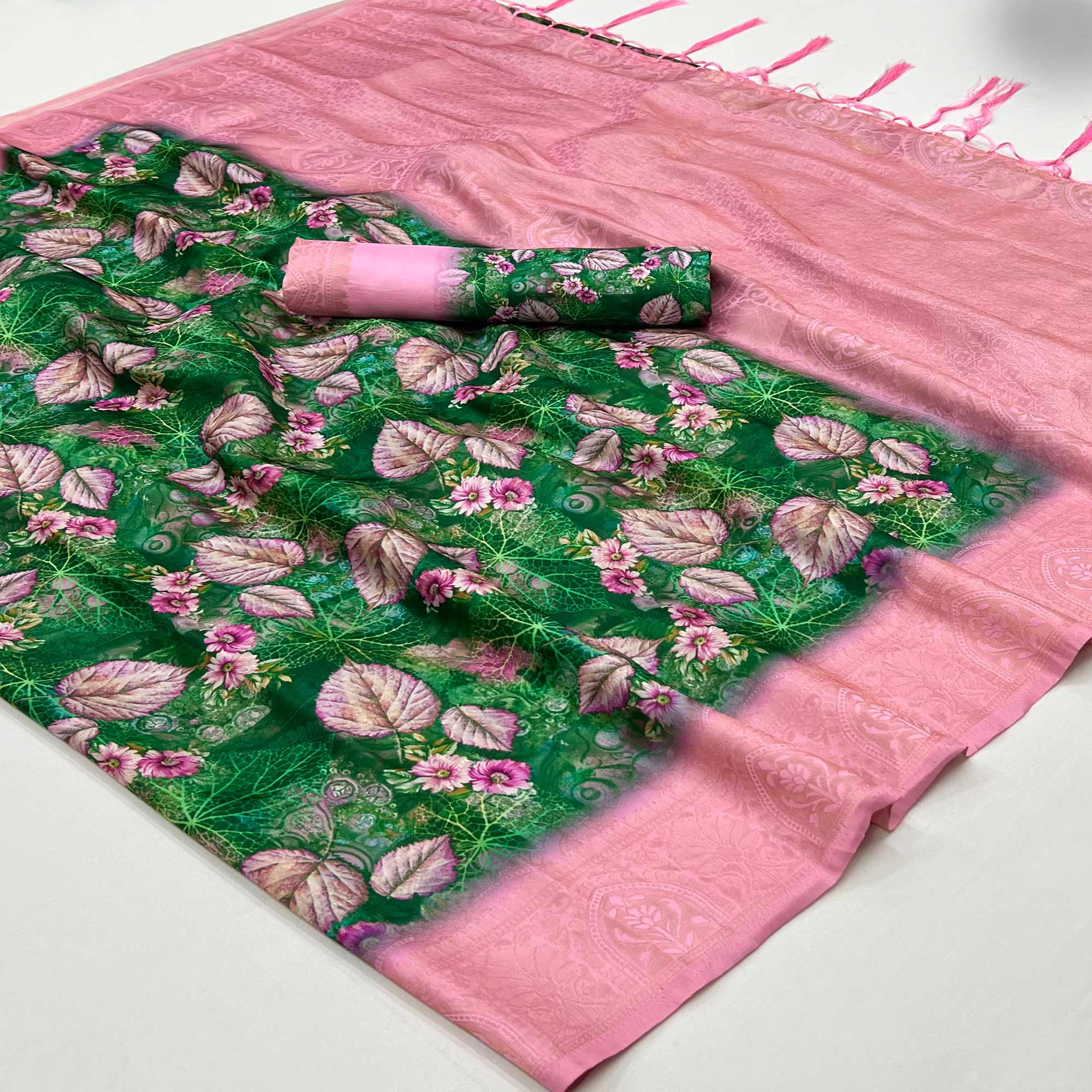 Green & Pink Floral Digital Printed Jacquard Saree