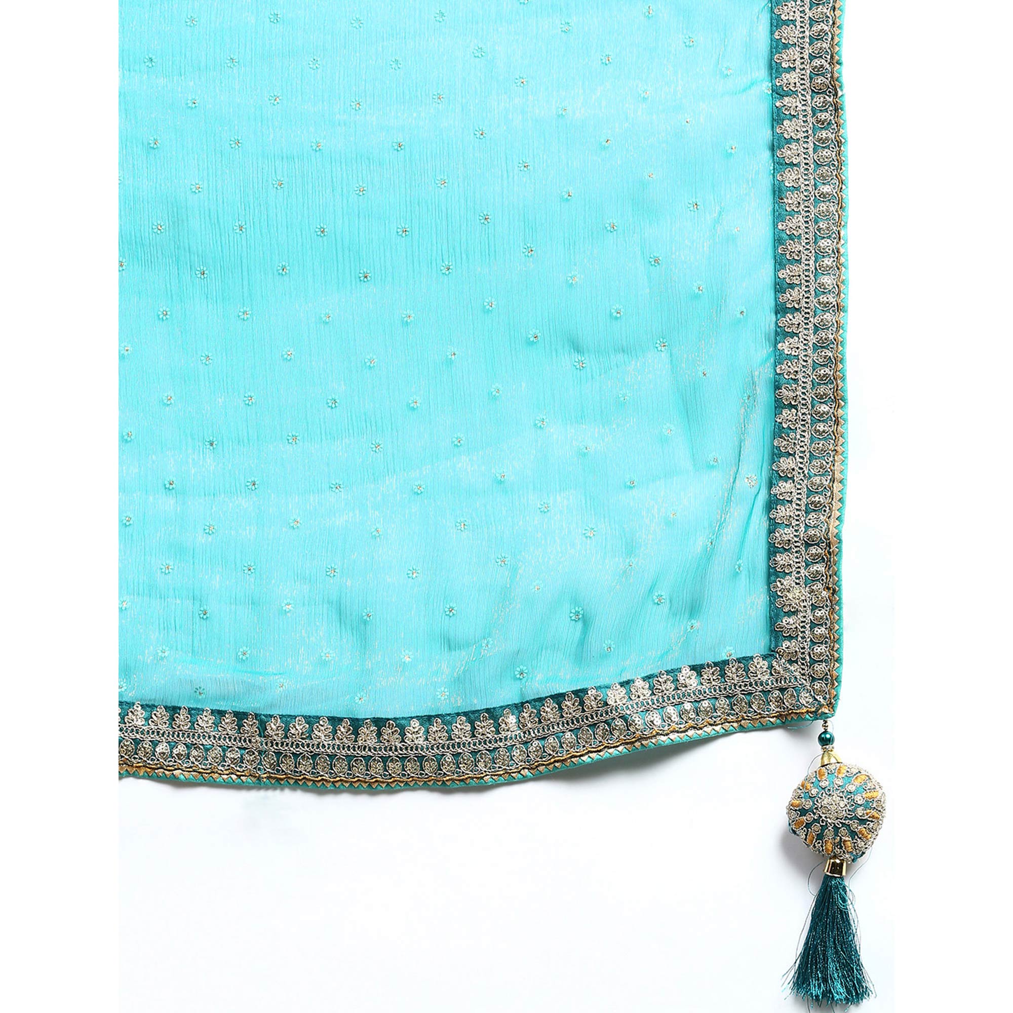 Turquoise Foil Printed With Embroidered Border Chiffon Saree