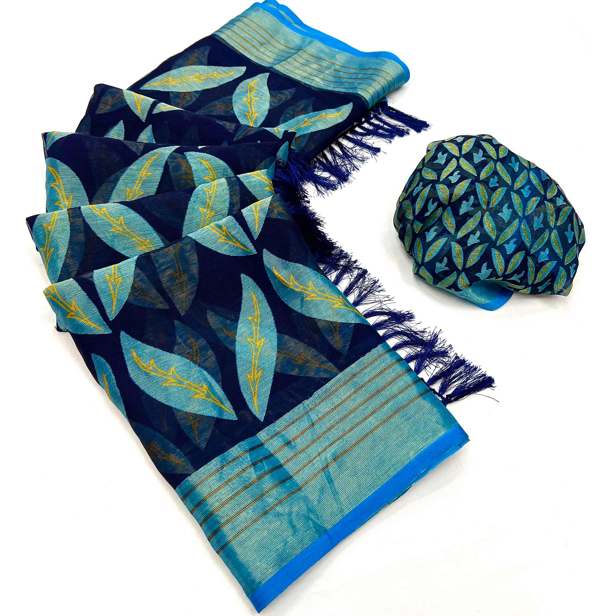 Blue Floral Digital Printed Georgette Saree With Tassels
