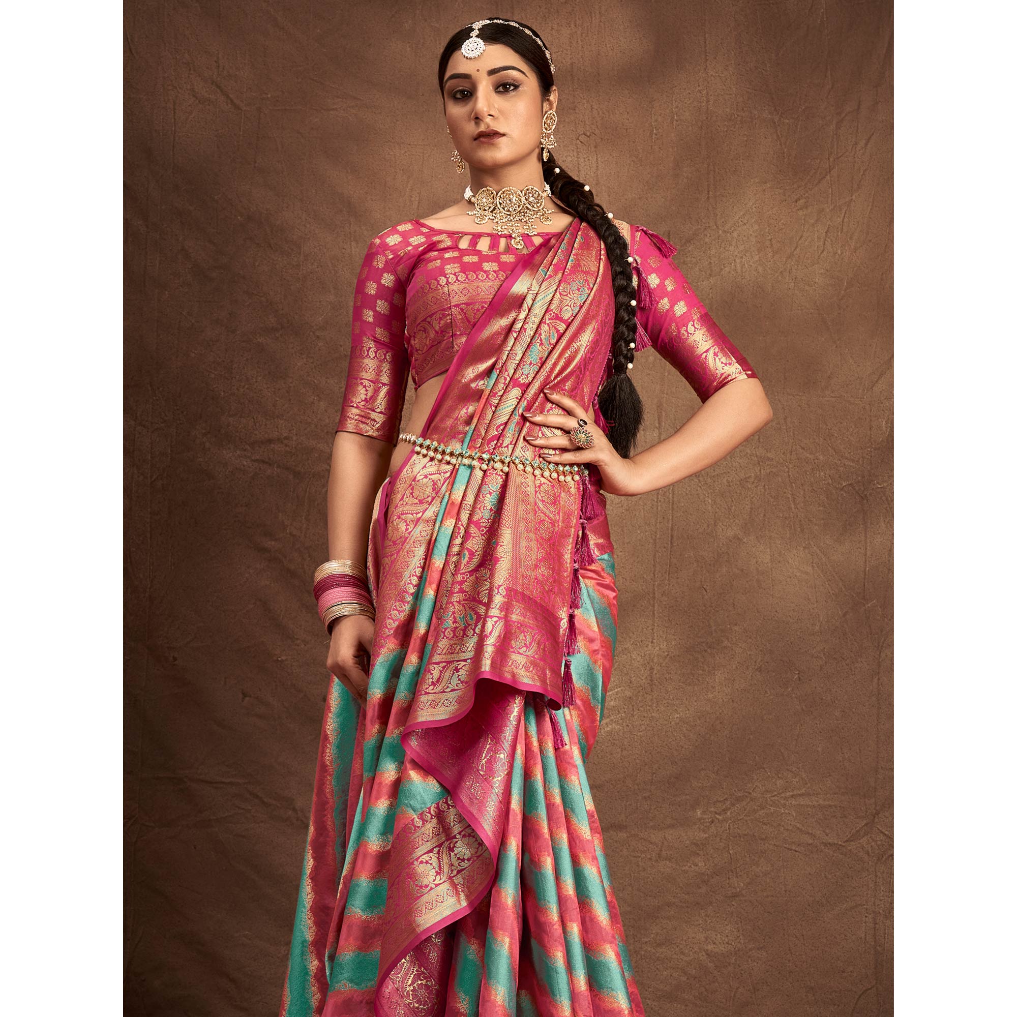 Blue & Pink Woven Art Silk Saree