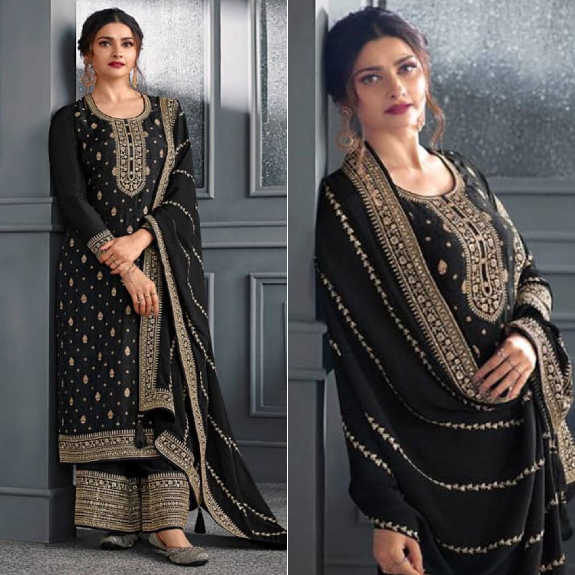 Black Woven With Sequins Embroidered Dola Silk Palazzo Suit
