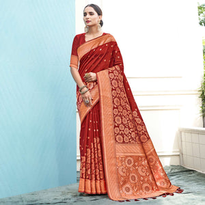 Red Floral Woven Art Silk Saree