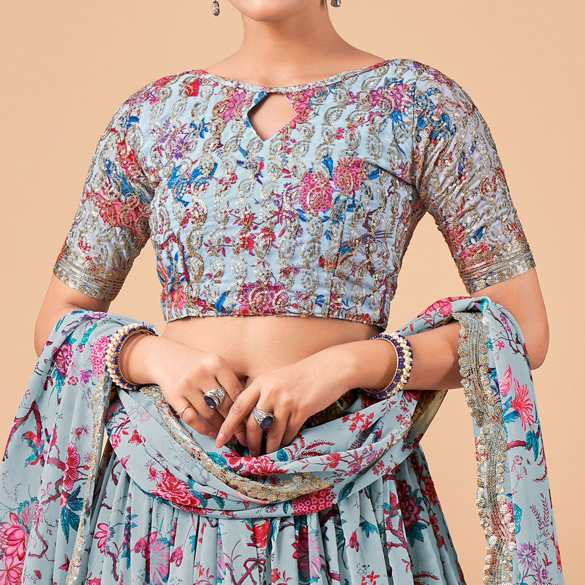 Light Blue Floral Printed And Sequins Work Georgette Lehenga Choli
