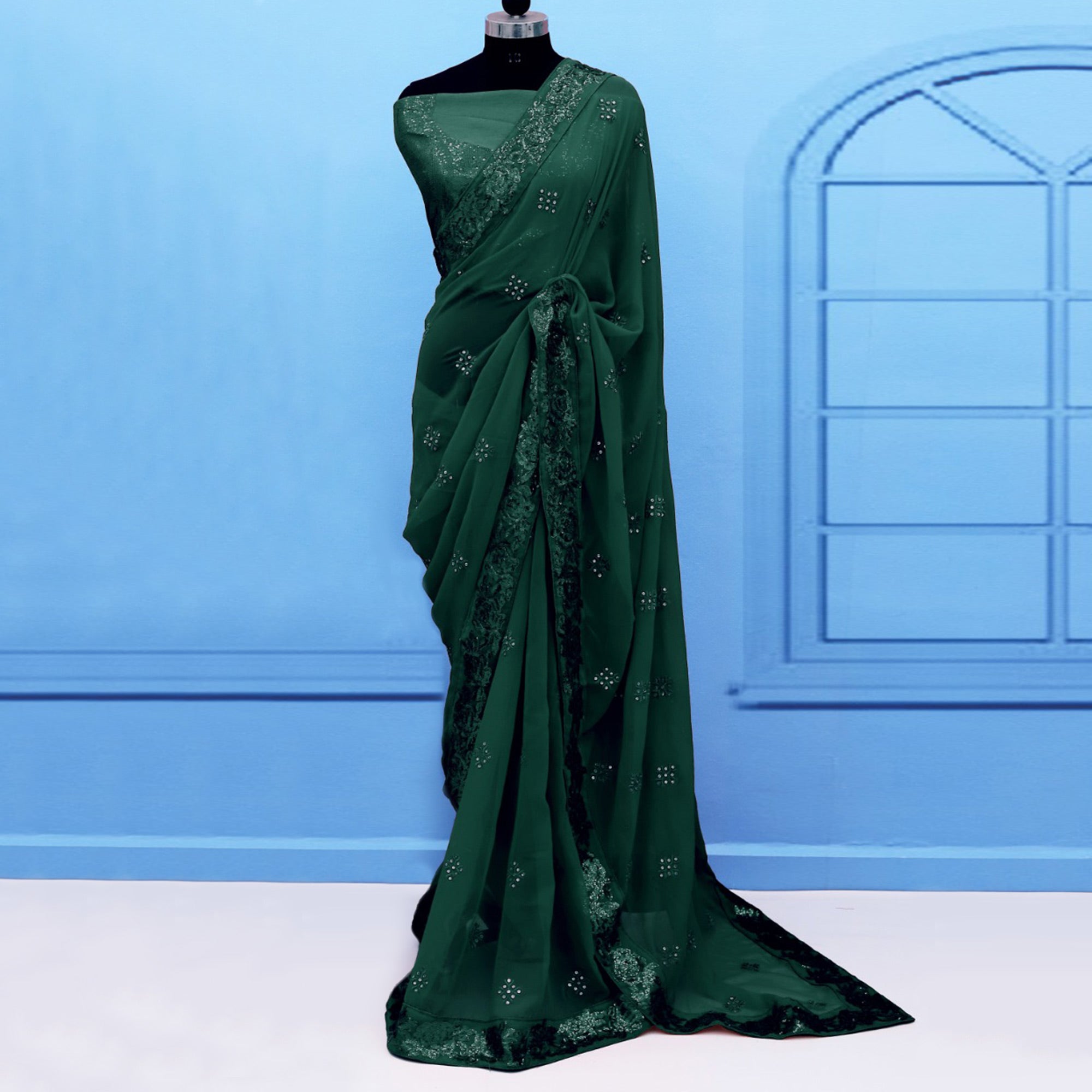 Green Sequins Emroidered Georgette Saree