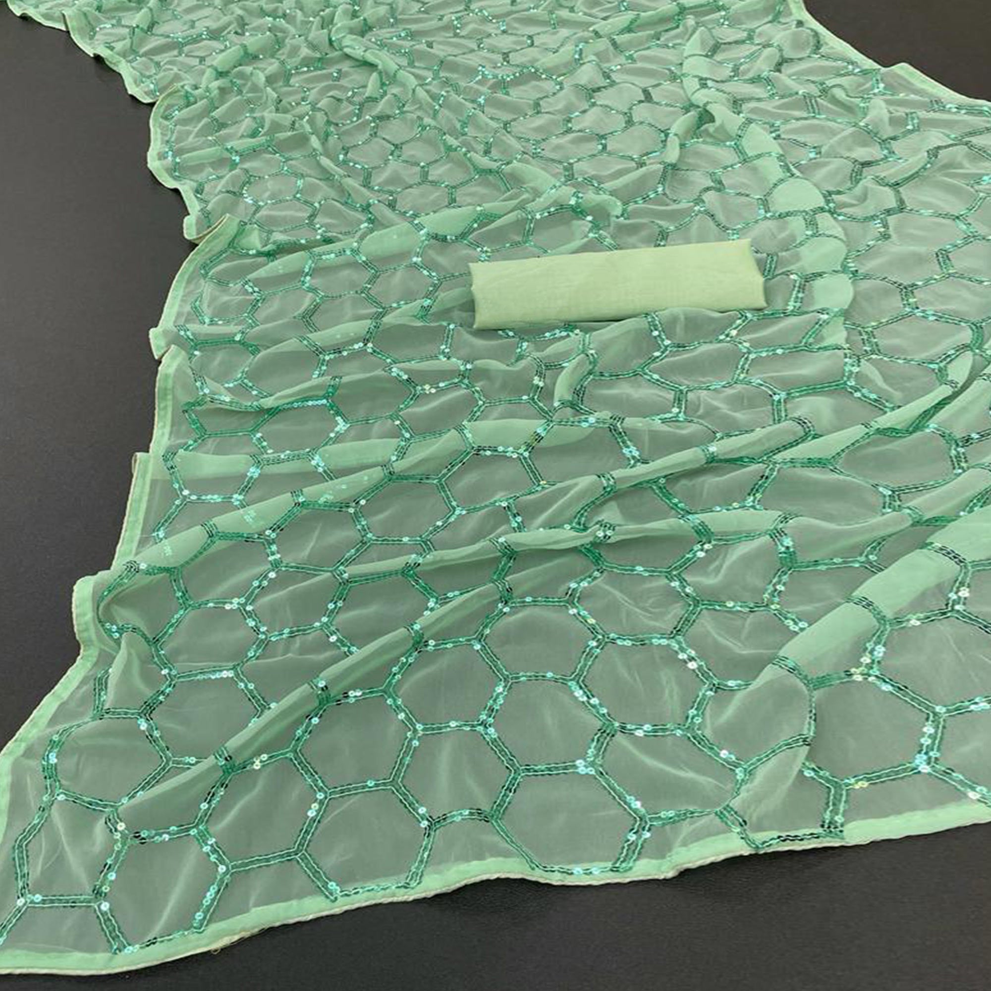 Pista Green Sequins Embroidered Georgette Saree