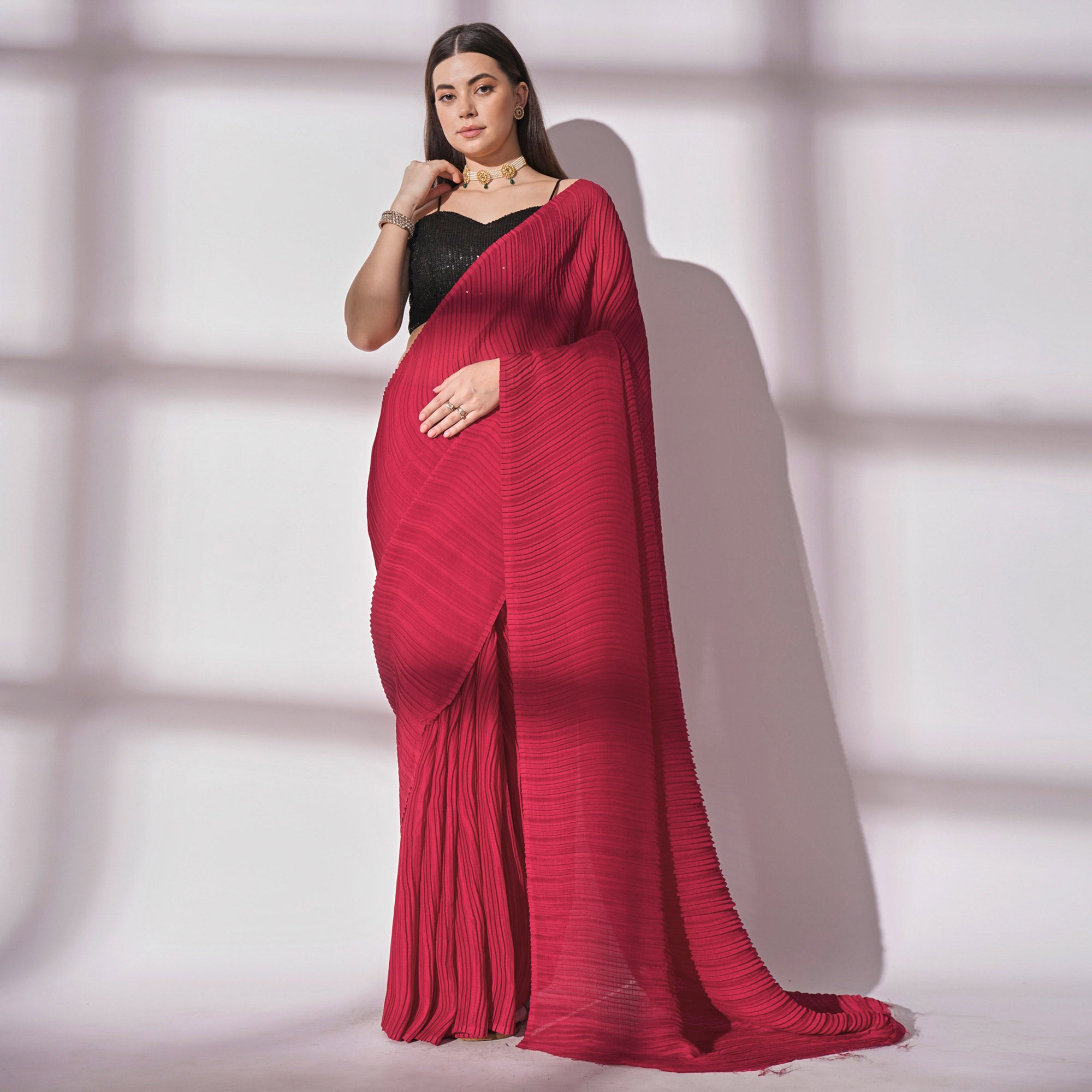 Pink Striped Pattern Georgette Saree