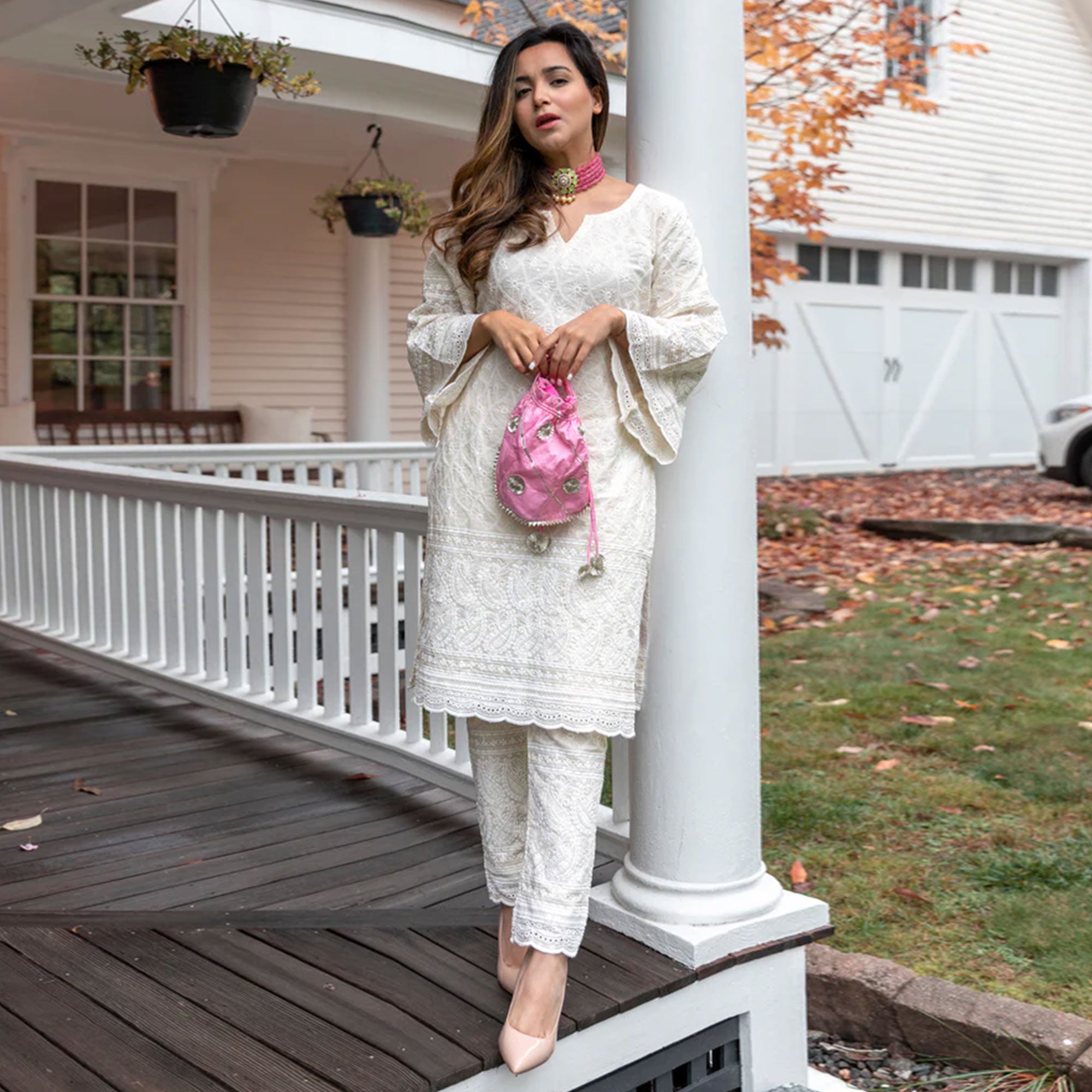 White Lucknowi Embroidered Pure Cotton Kurti Pant Set