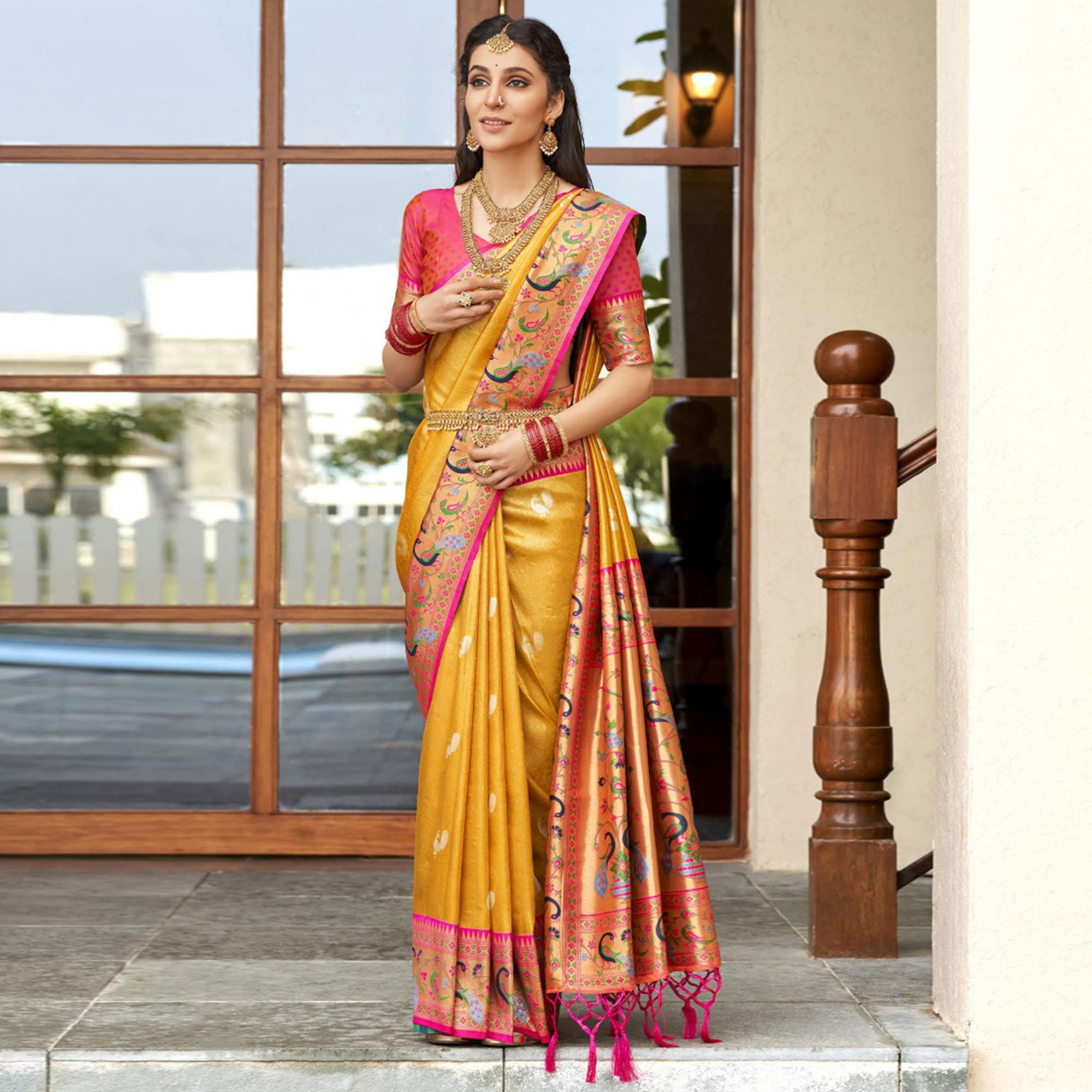 Mustard Woven Kanjivaram Silk Paithani Saree With Tassels