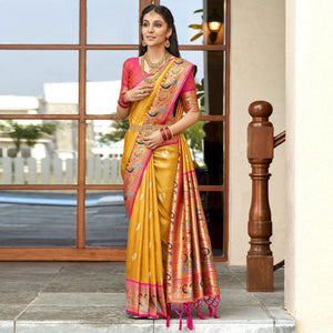 Mustard Woven Kanjivaram Silk Paithani Saree With Tassels