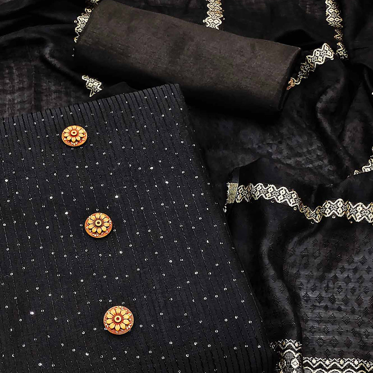 Black Sequins Embroidered Chanderi Dress Material
