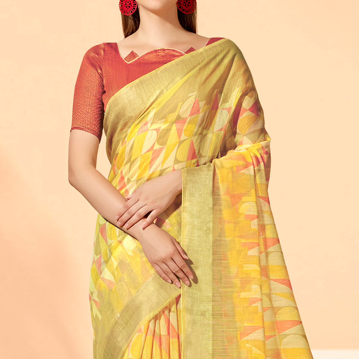 Yellow Printed Cotton Silk Saree With Tassels