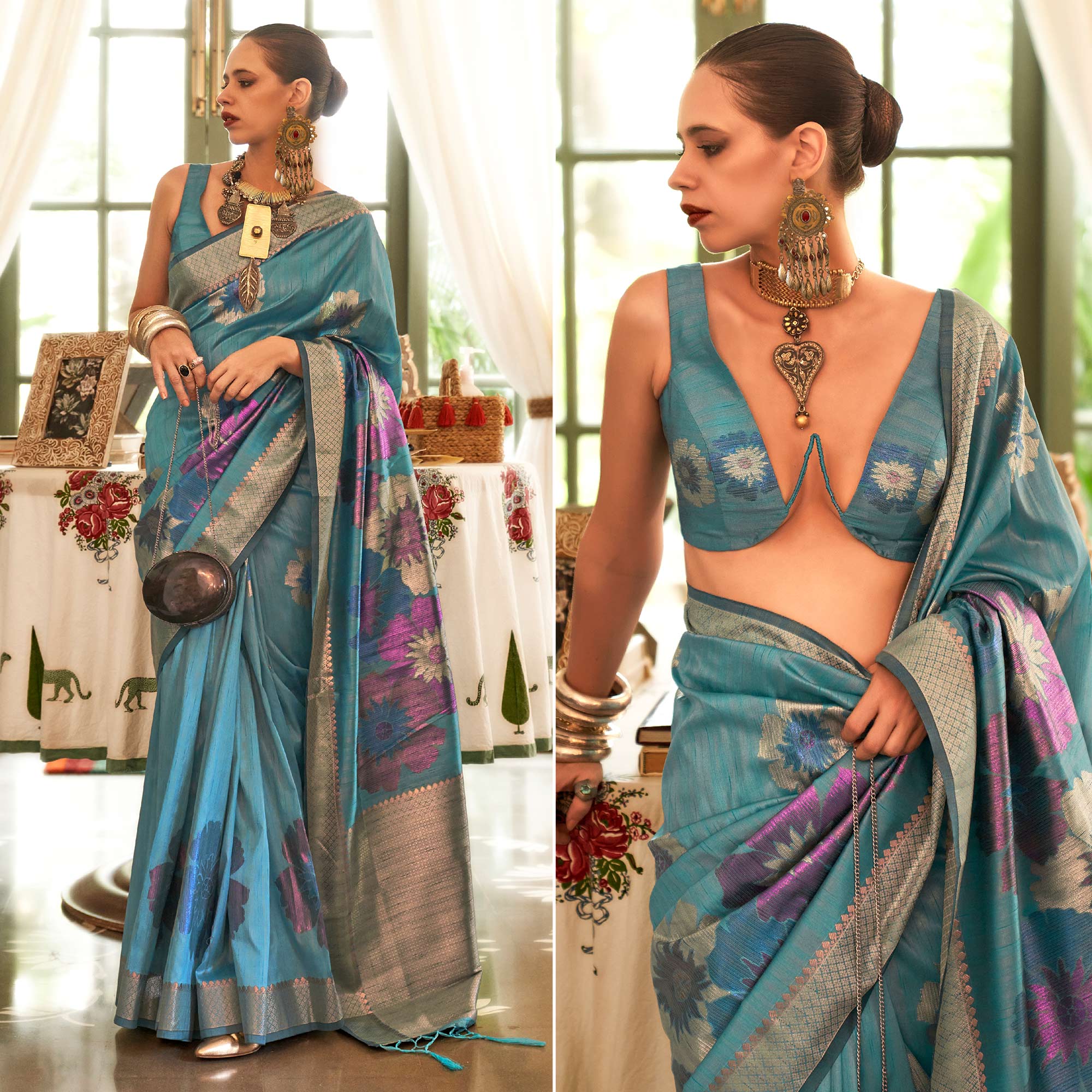 Sky Blue Woven Art Silk Saree With Tassels