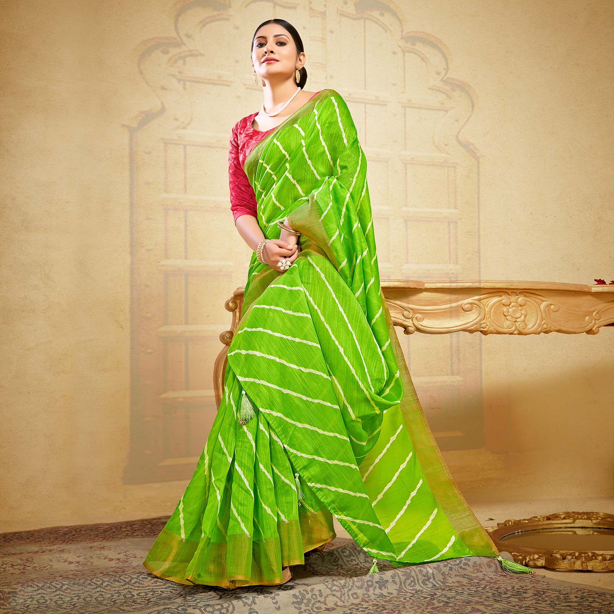 Parrot Green Leheriya Printed Linen Saree