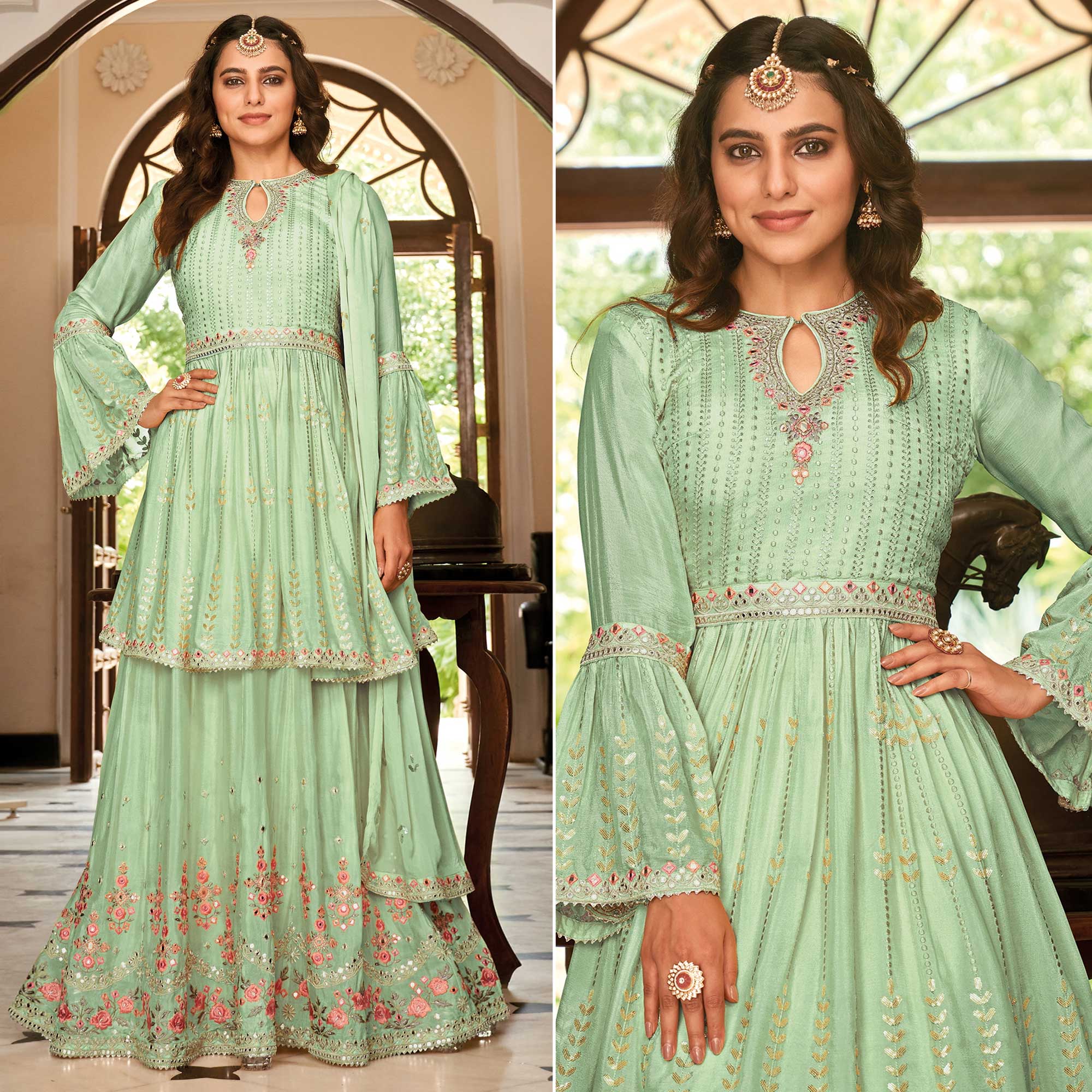 Green Floral Sequins Embroidered Chiffon Semi Stitched Sharara Suit