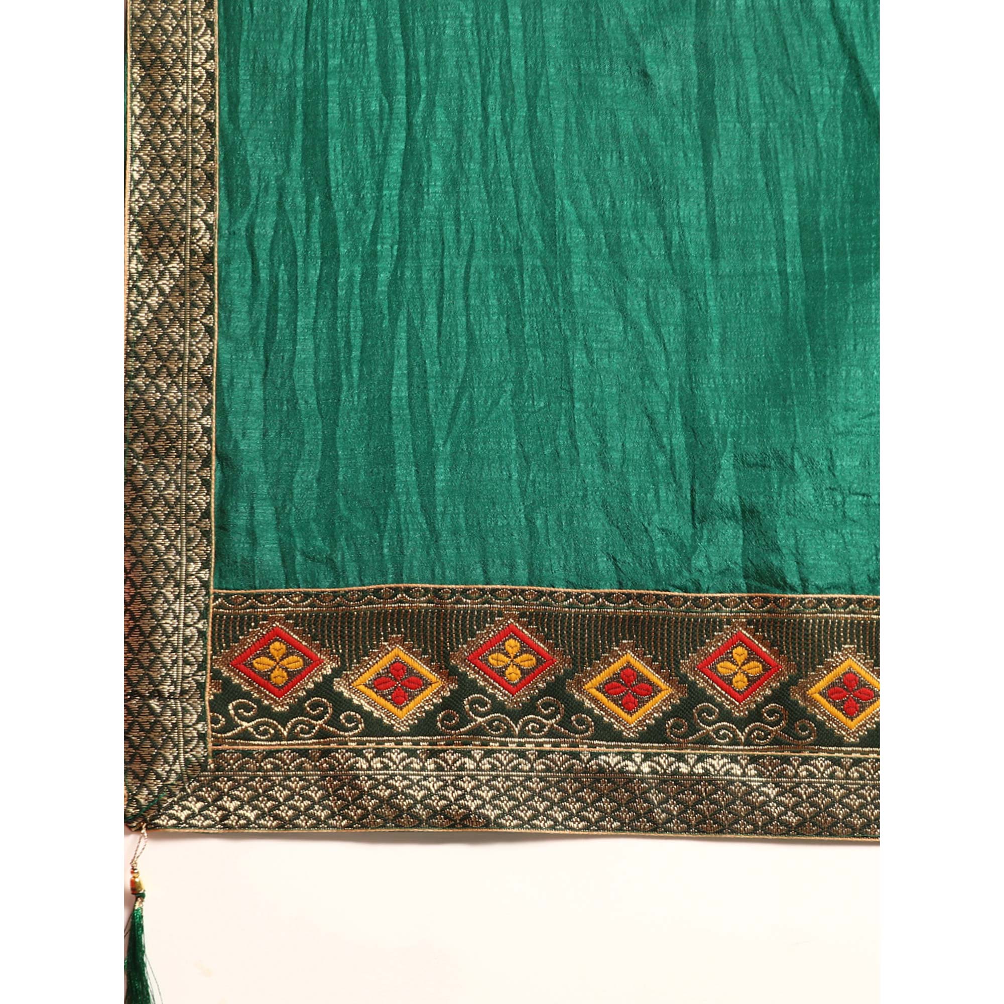 Green Solid Vichitra Silk Saree With Fancy Border