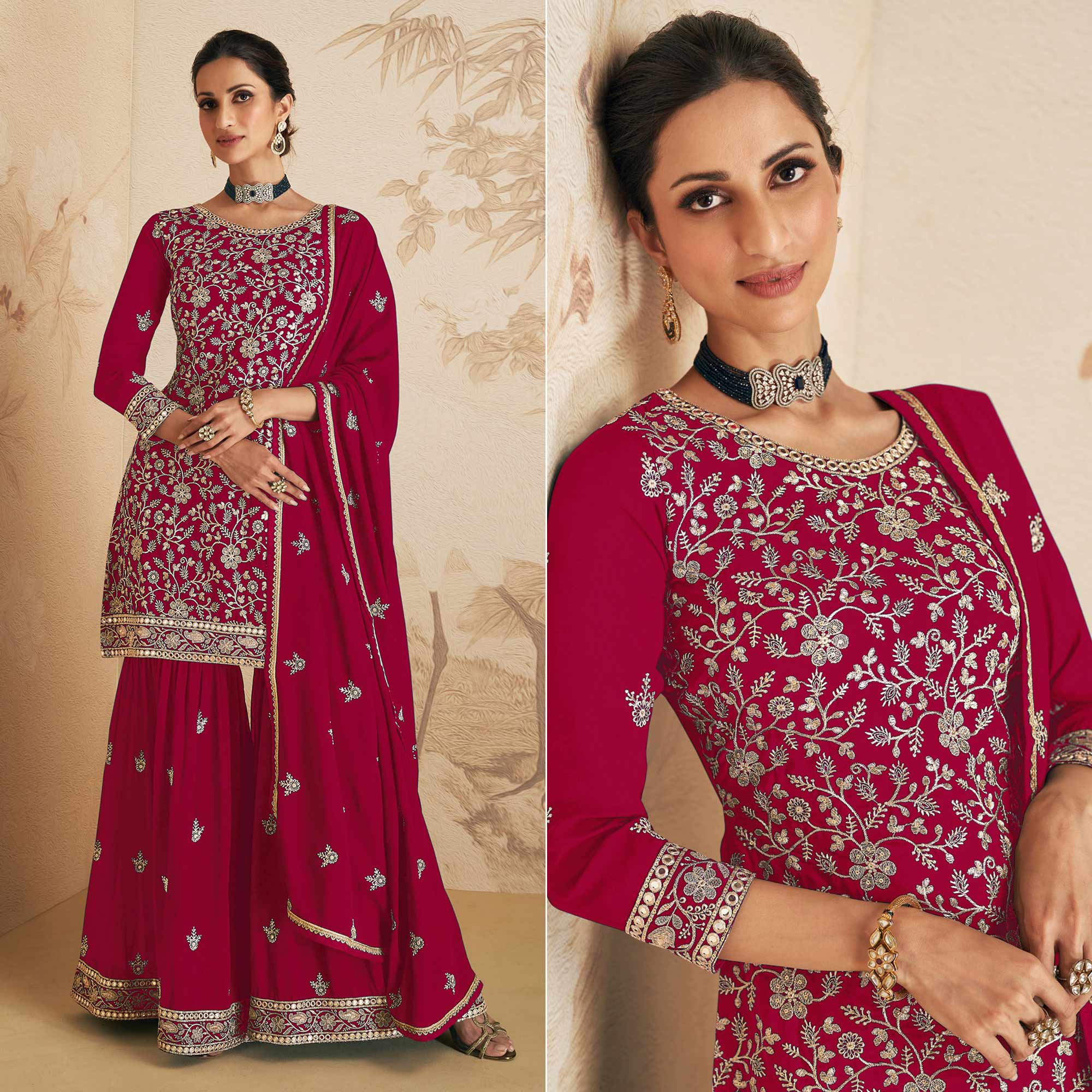 Red Sequins Embroidered Georgette Semi Stitched Sharara Suit