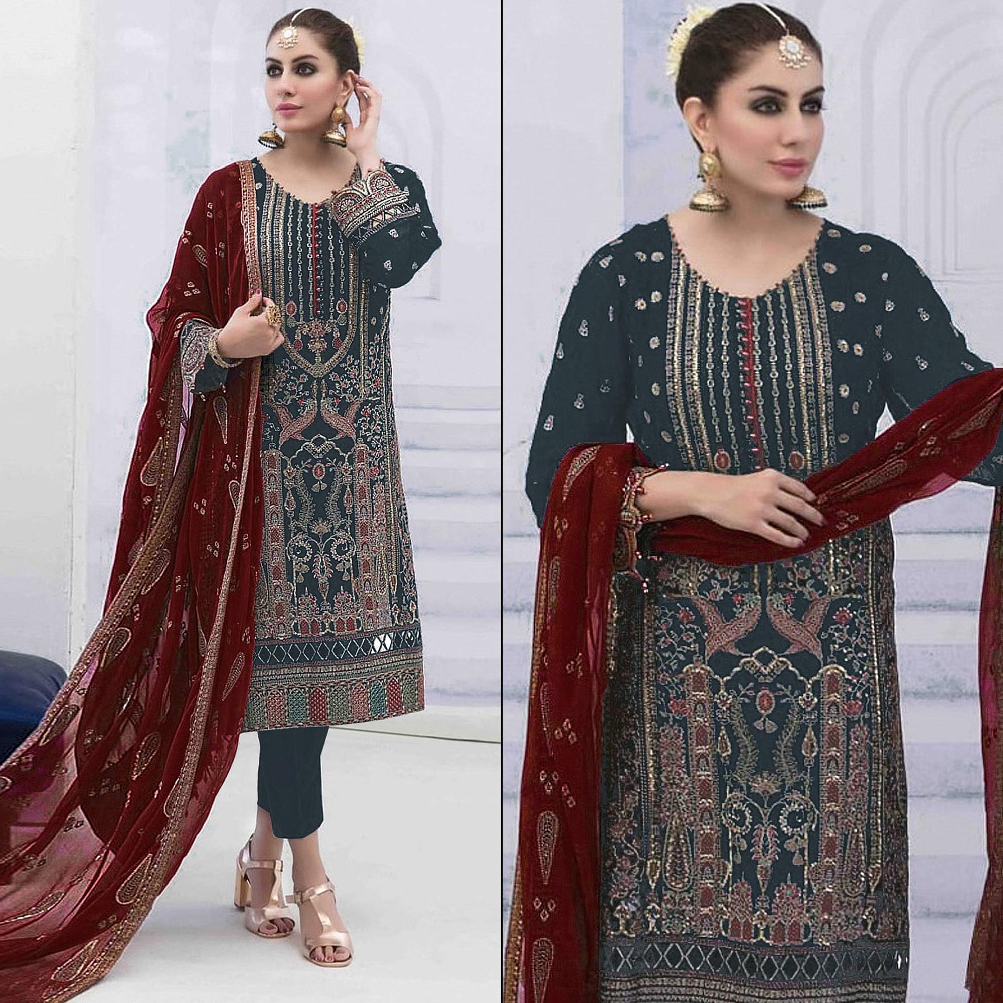 Grey Embroidered Georgette Semi Stitched Pakistani Suit