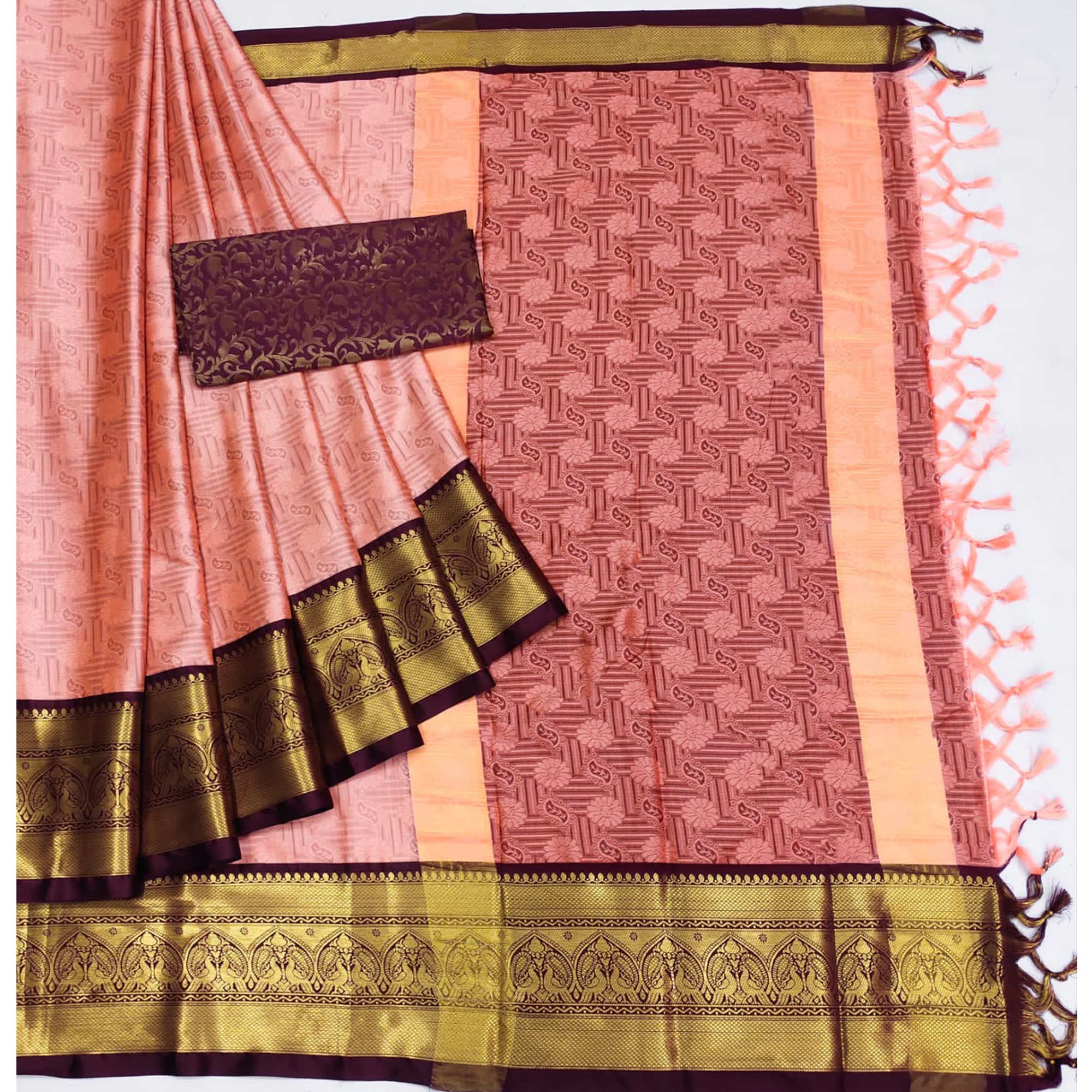 Baby Pink Woven Cotton Silk Saree With Tassels