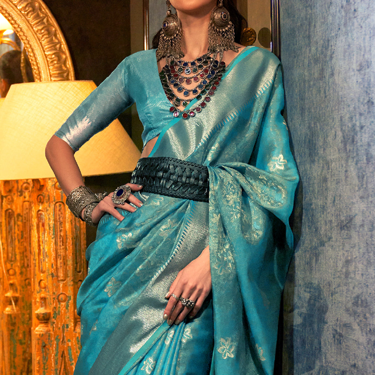 Aqua Blue Woven Organza Saree With Tassels