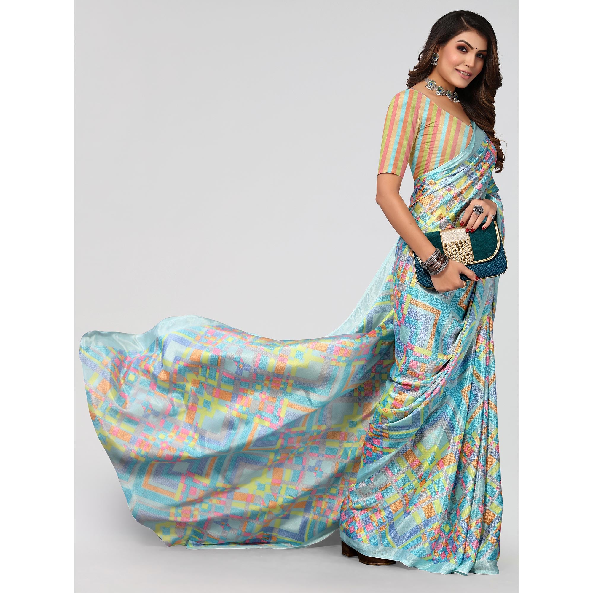 Sky Blue Geometric Printed Chiffon Saree