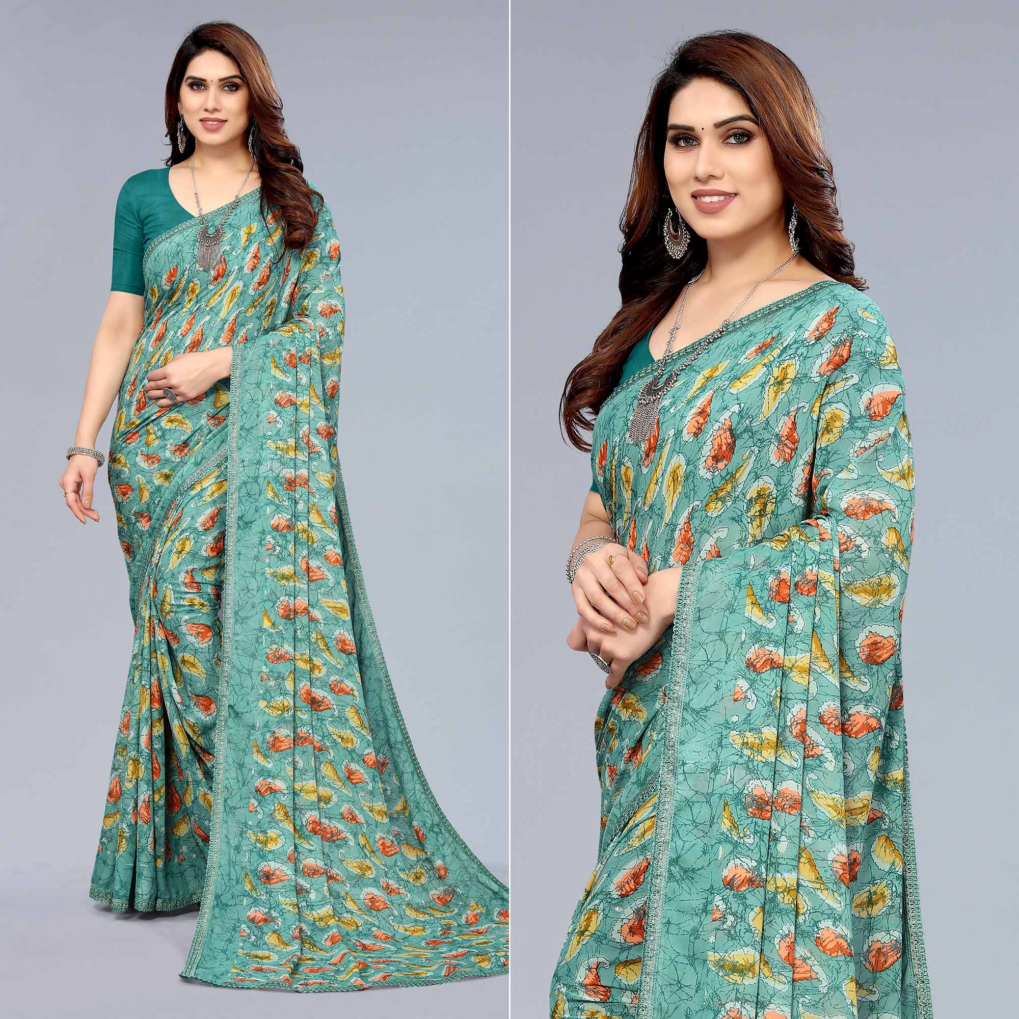 Rama Green Printed Georgette Saree With Crochet Border