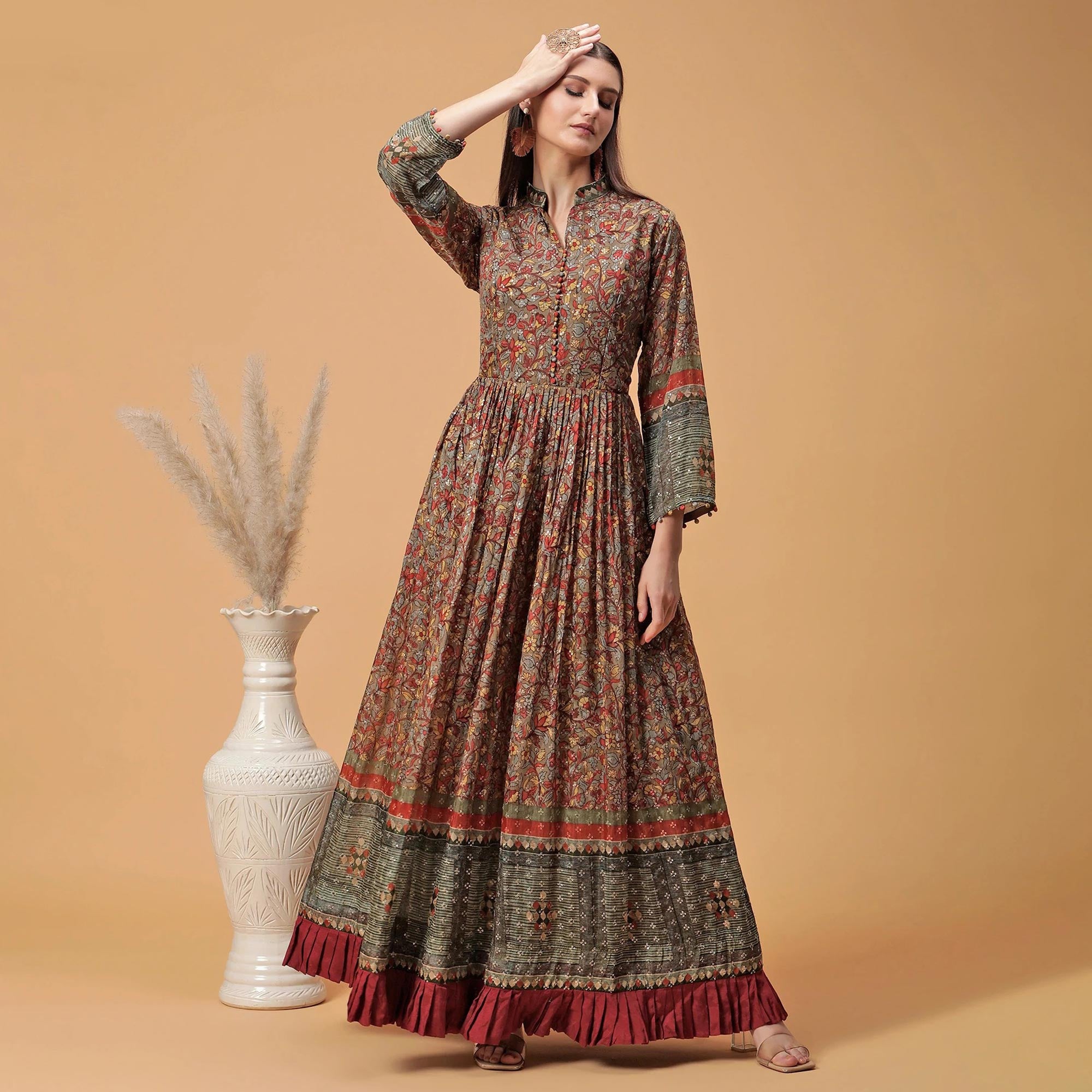 Maroon Digital Printed Dola Silk Gown