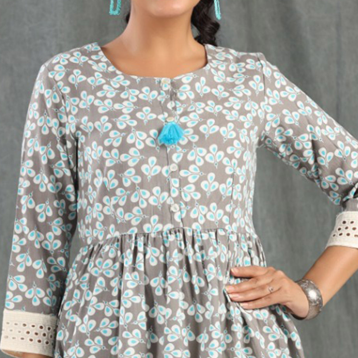 Grey And Rama Blue Floral Printed Rayon Dress