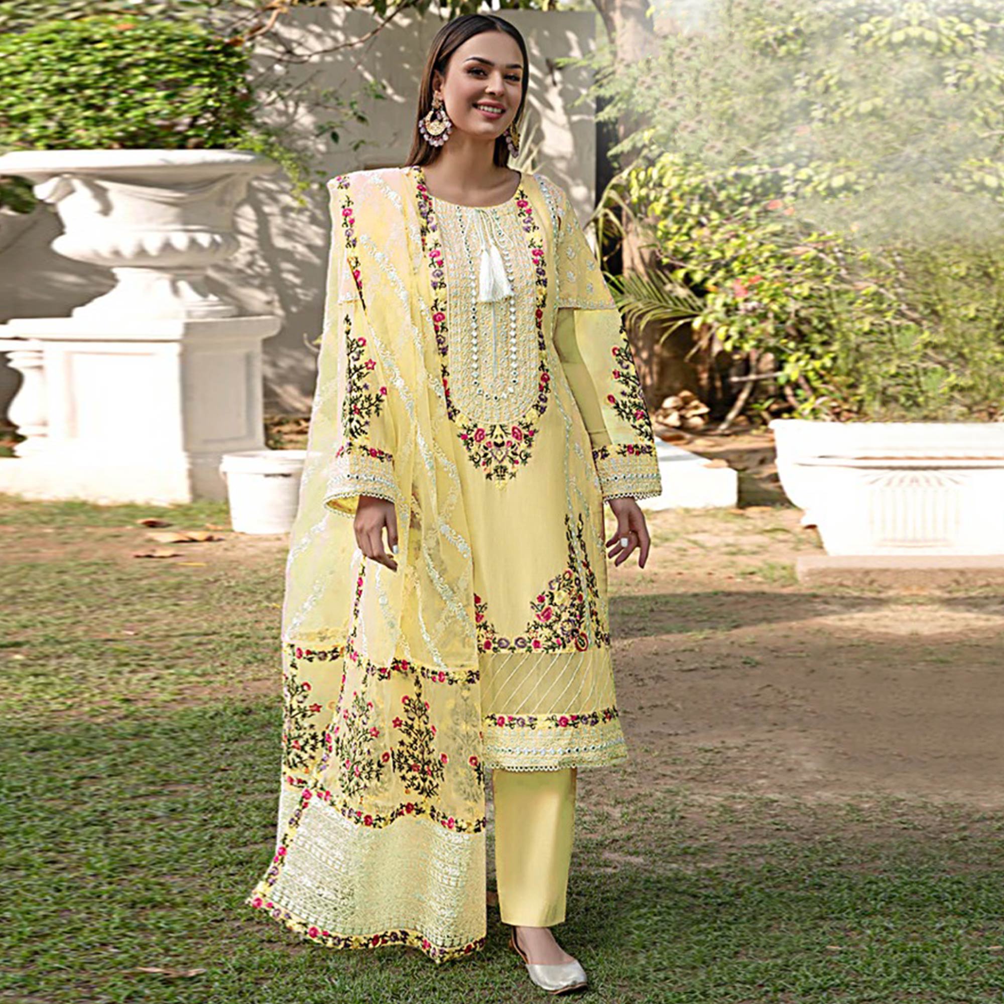 Yellow Floral Embroidered Georgette Palazzo Suit