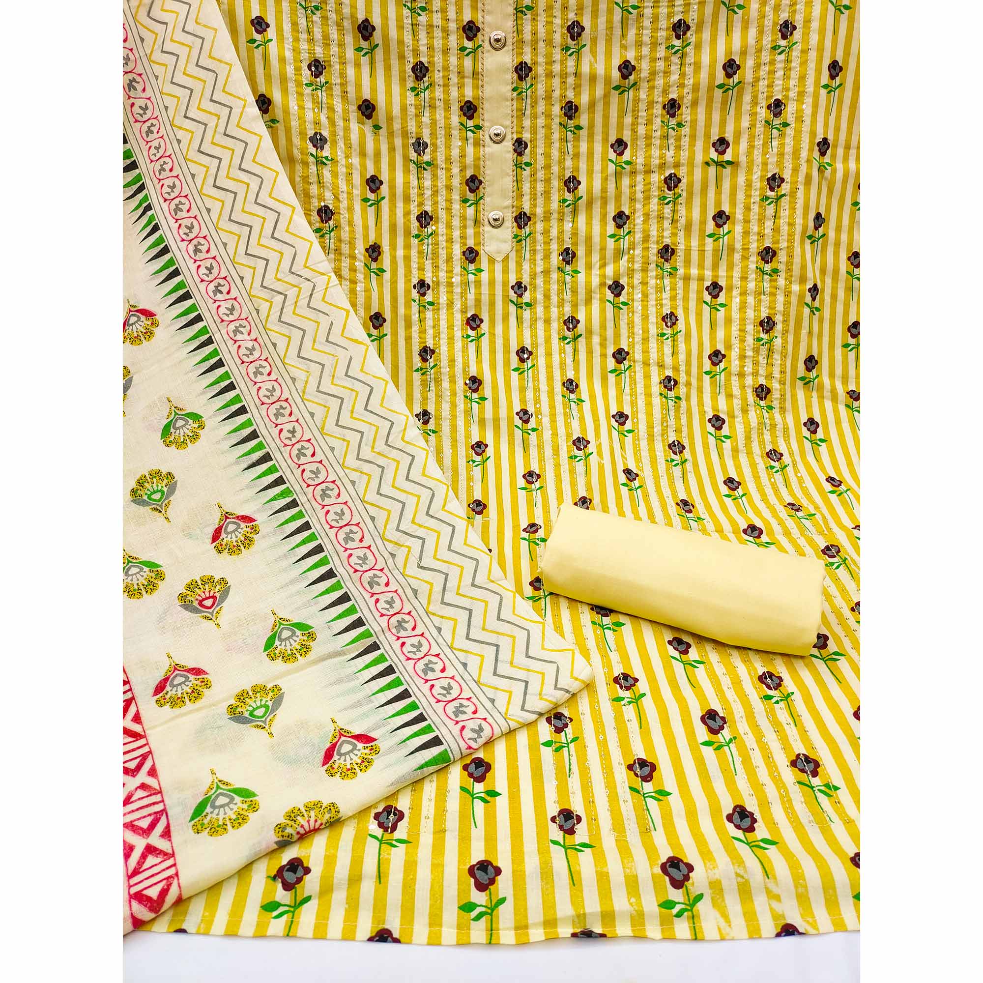 Yellow Printed With Sequins Embroidered Pure Cotton Dress Material