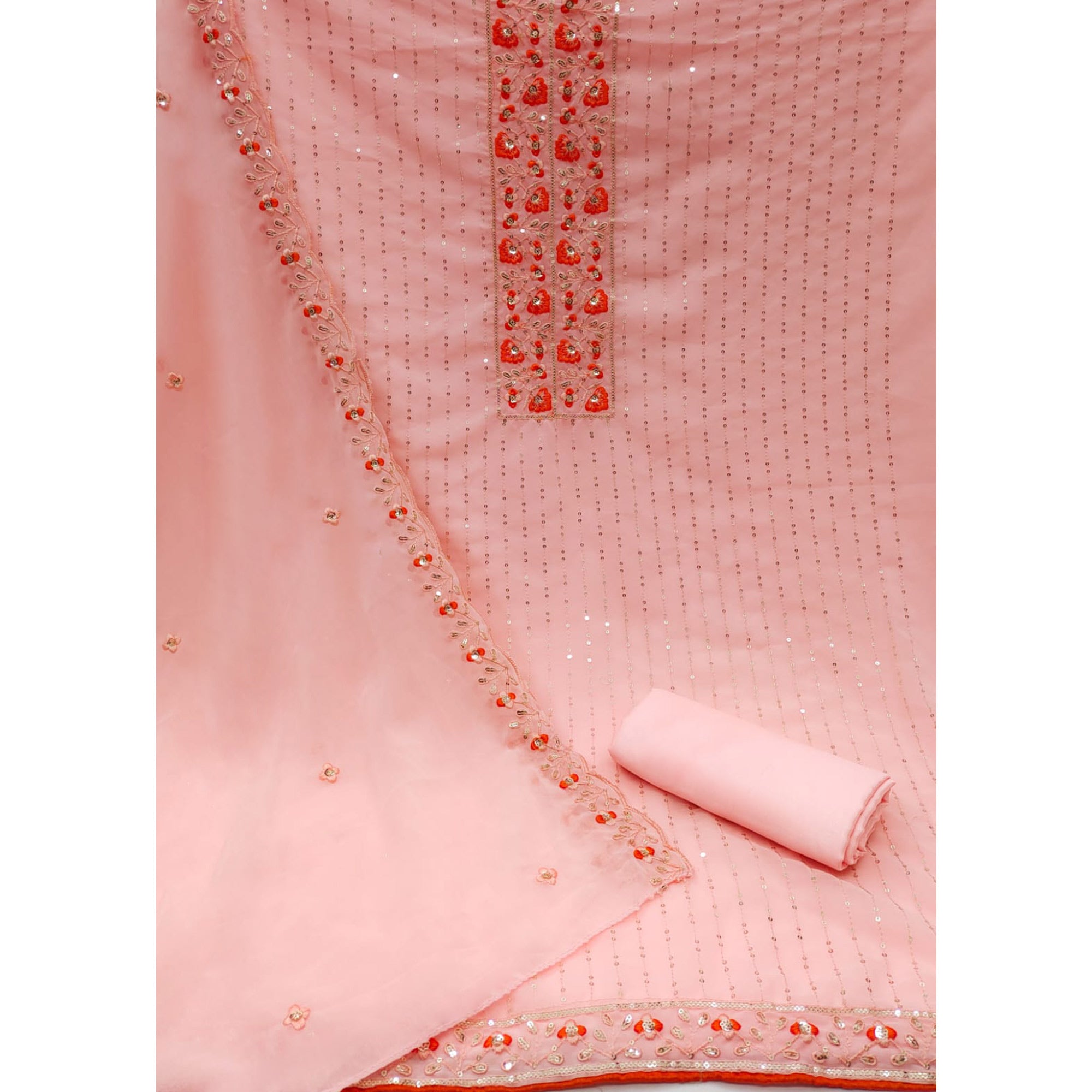 Peach Sequins Embroidered Georgette Dress Material