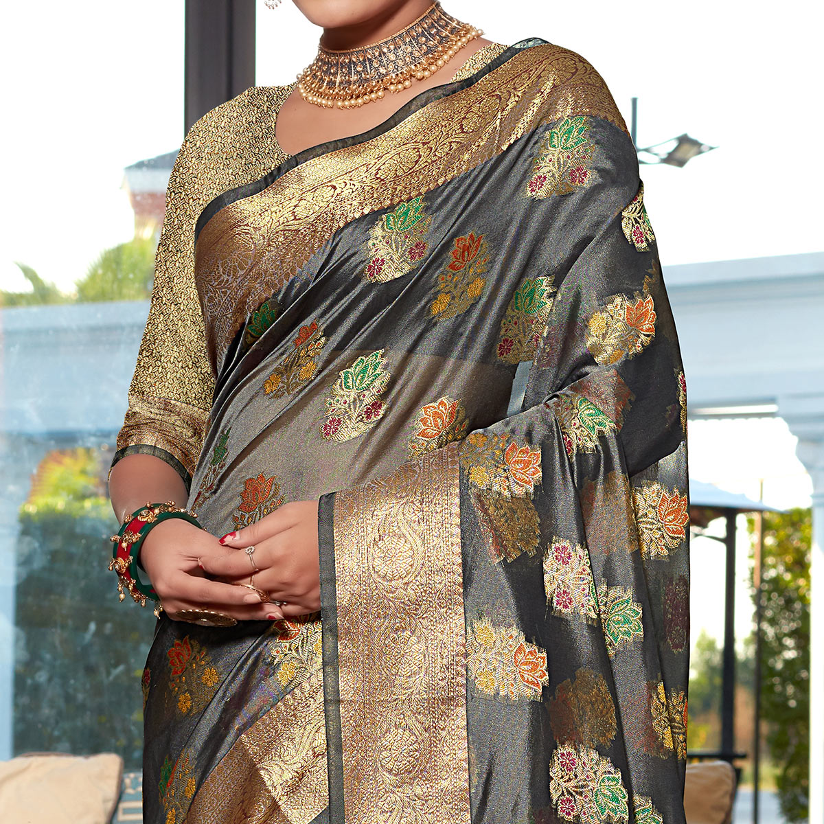 Grey Floral Woven Organza Saree