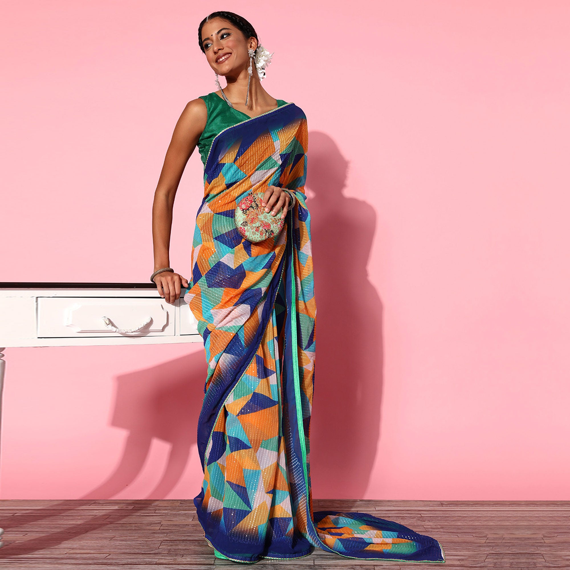 Multicolored Printed With Sequins Embroidered Georgette Saree