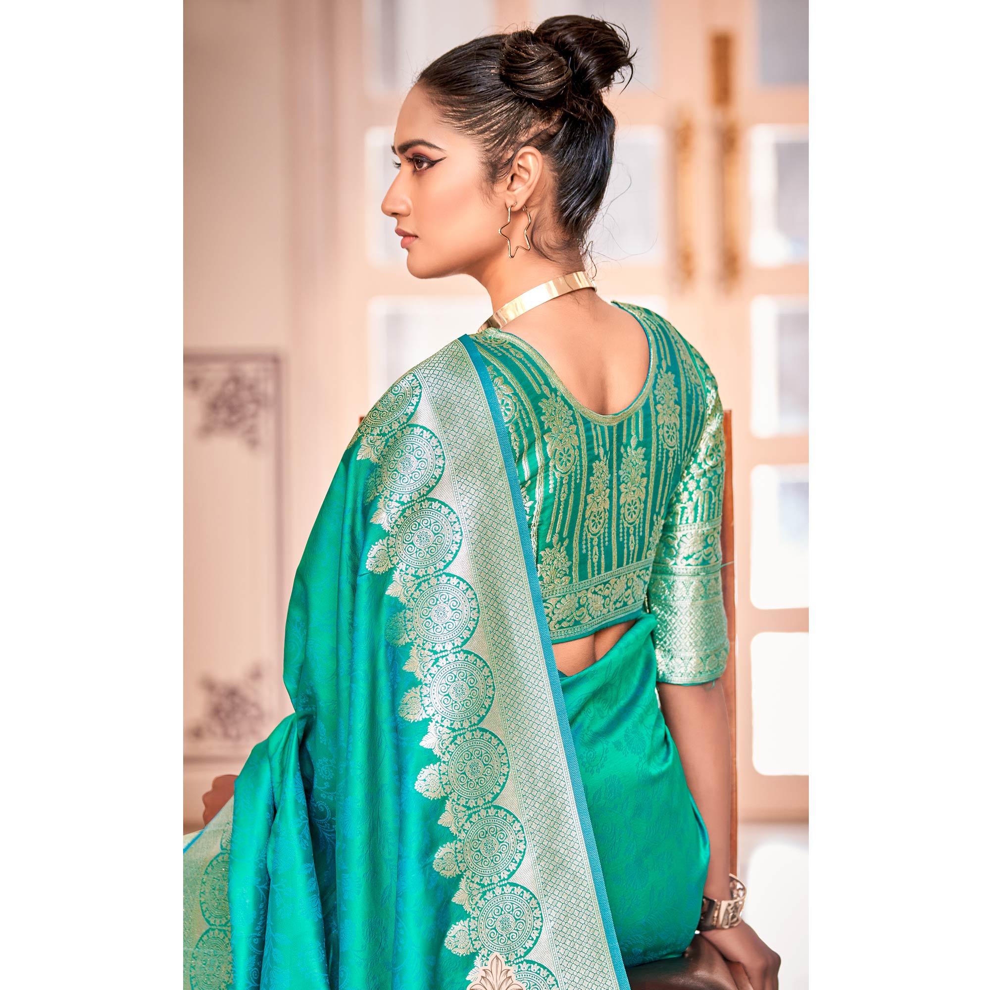 Turquoise Woven Satin Saree