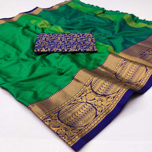 Green Woven Cotton Silk Saree With Tassels