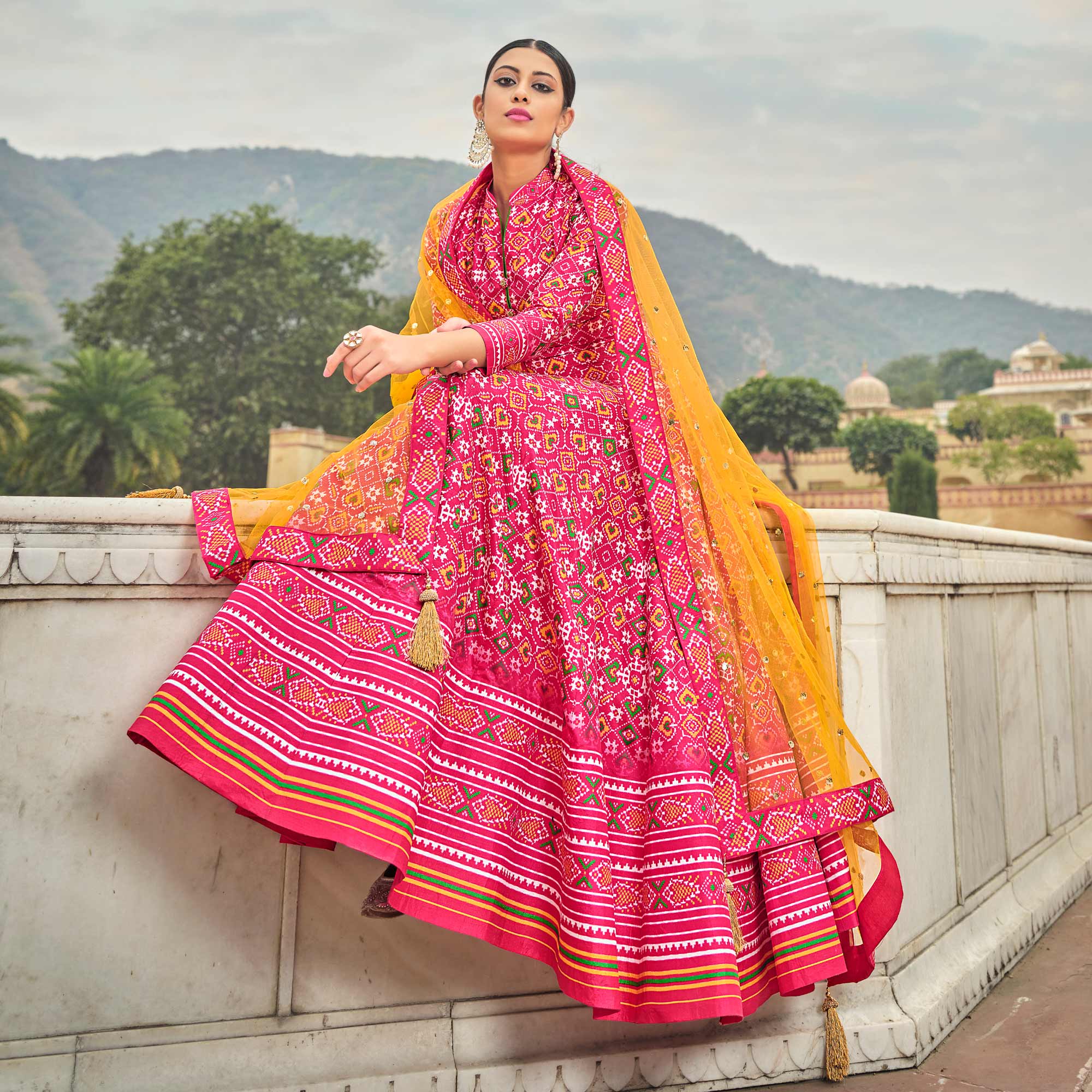 Pink Patola Digital Printed Dola Silk Gown