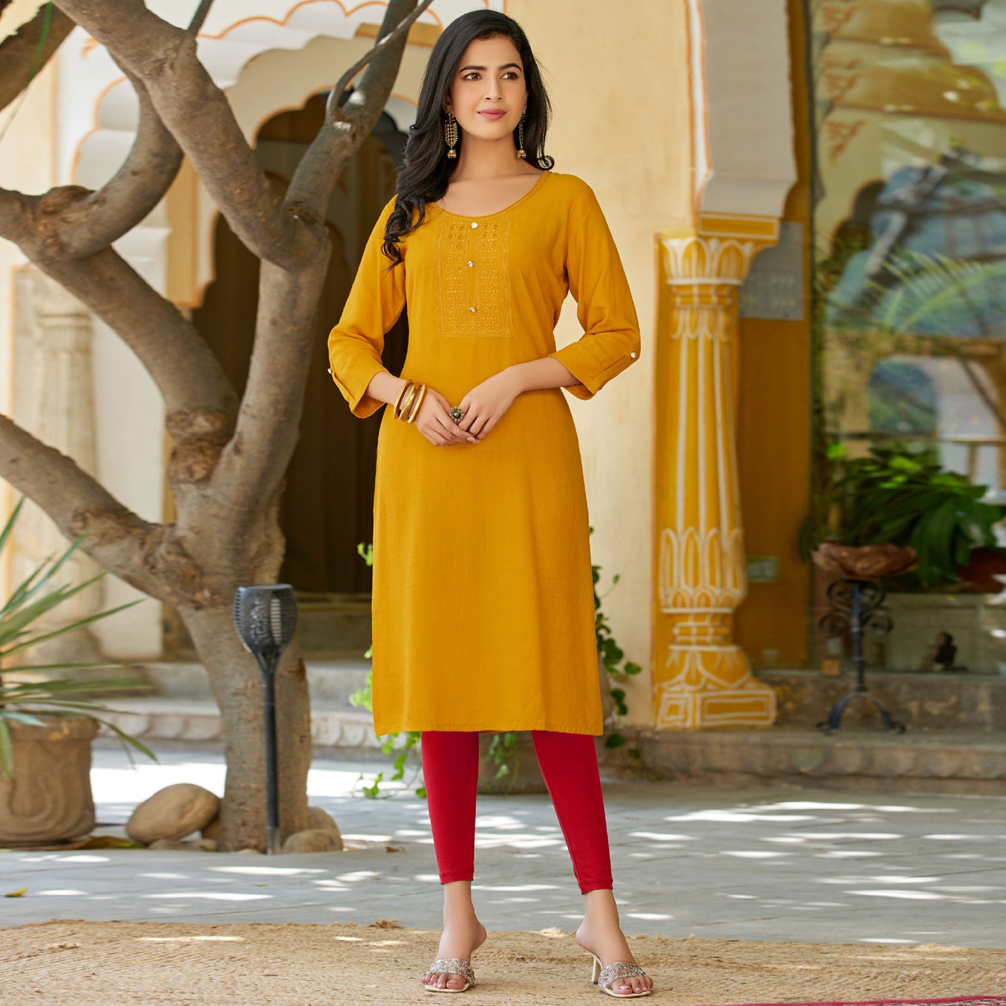 Mustard Embroidered Rayon Kurti