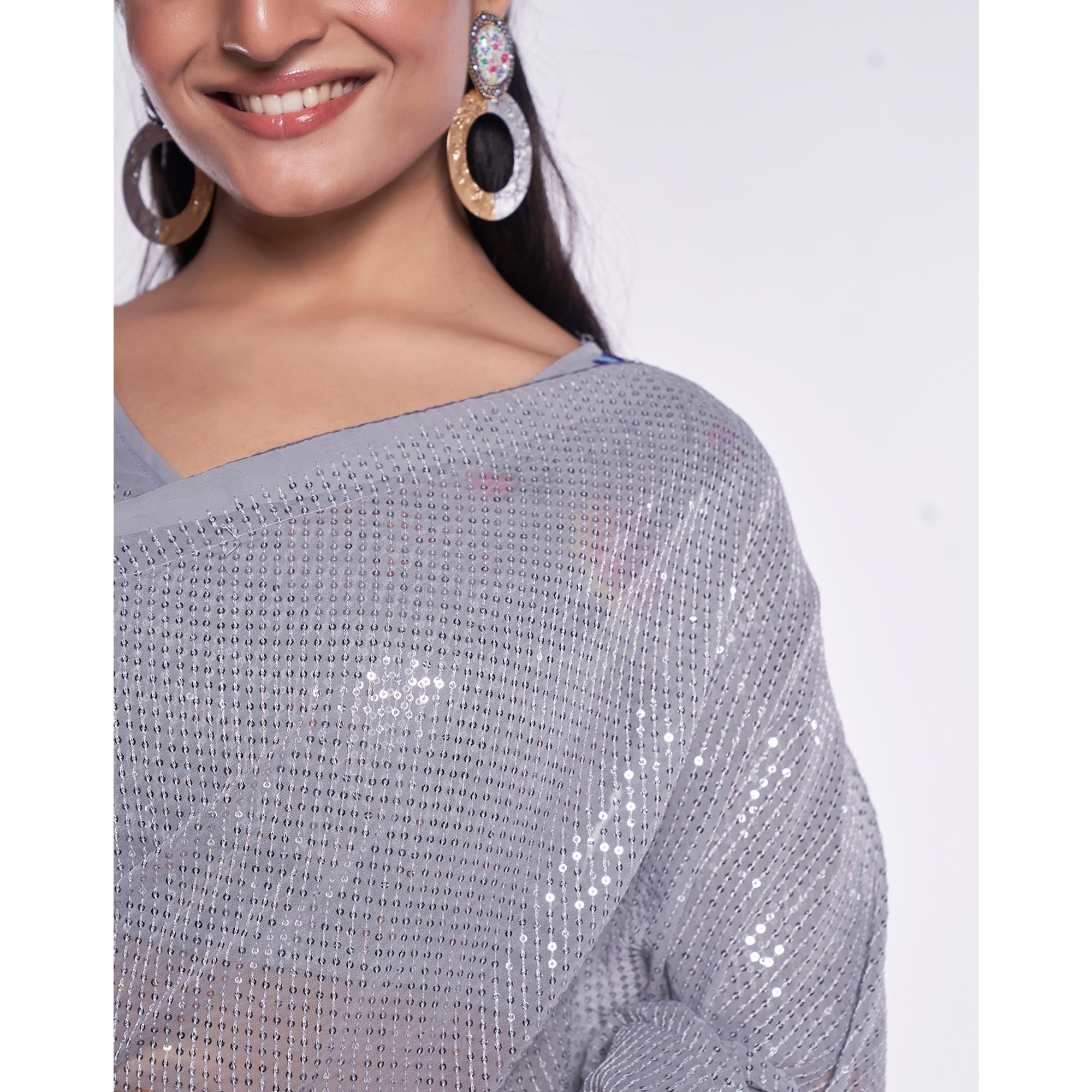 Grey Sequins Embroidered Georgette Saree