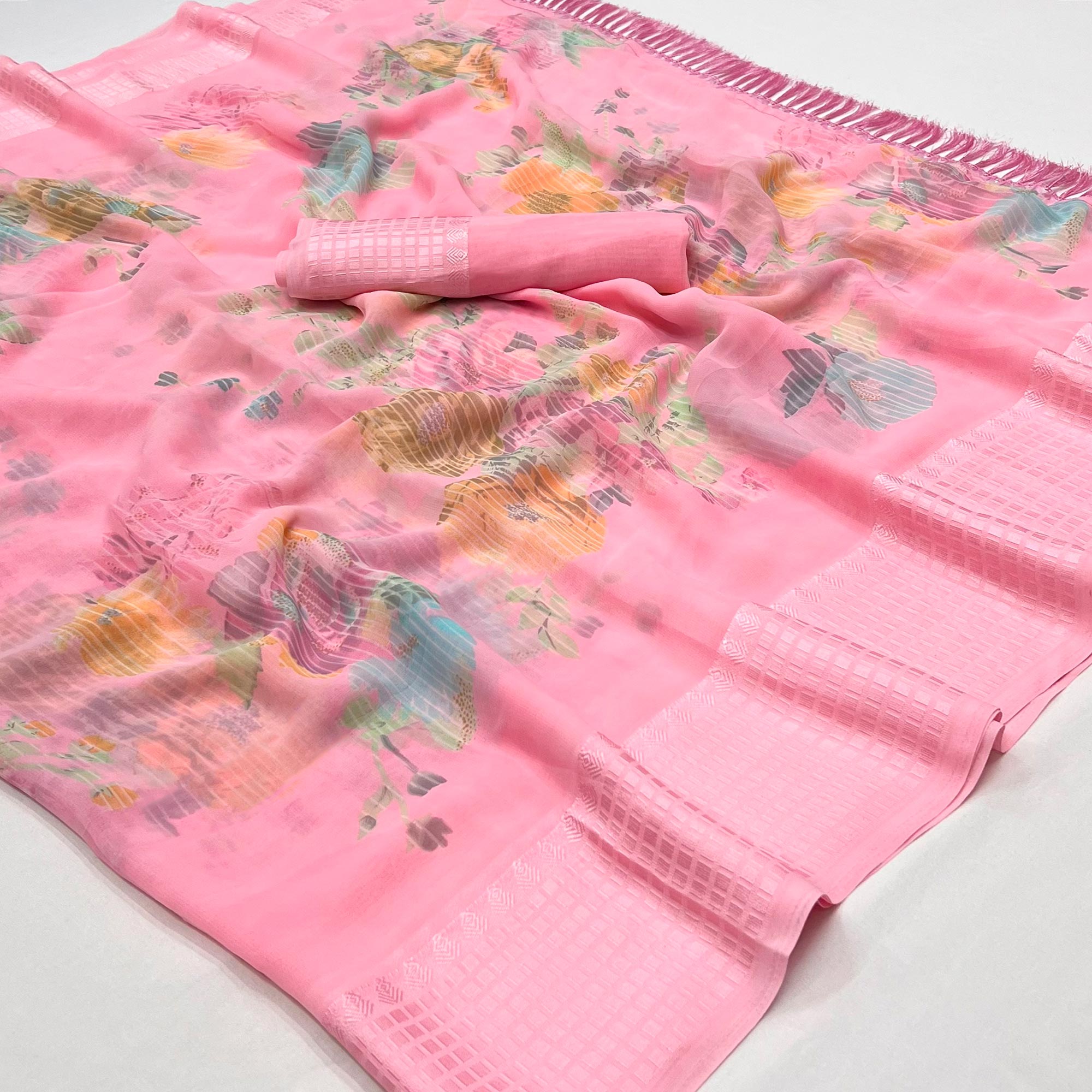 Pink Floral Printed Georgette Saree With Tassels