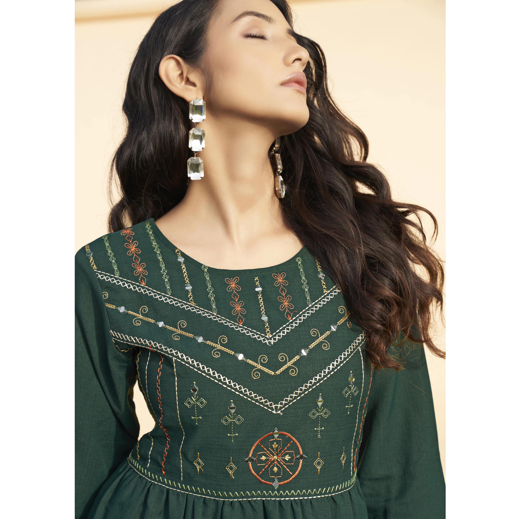 Bottle Green Embroidered Rayon Short Dress