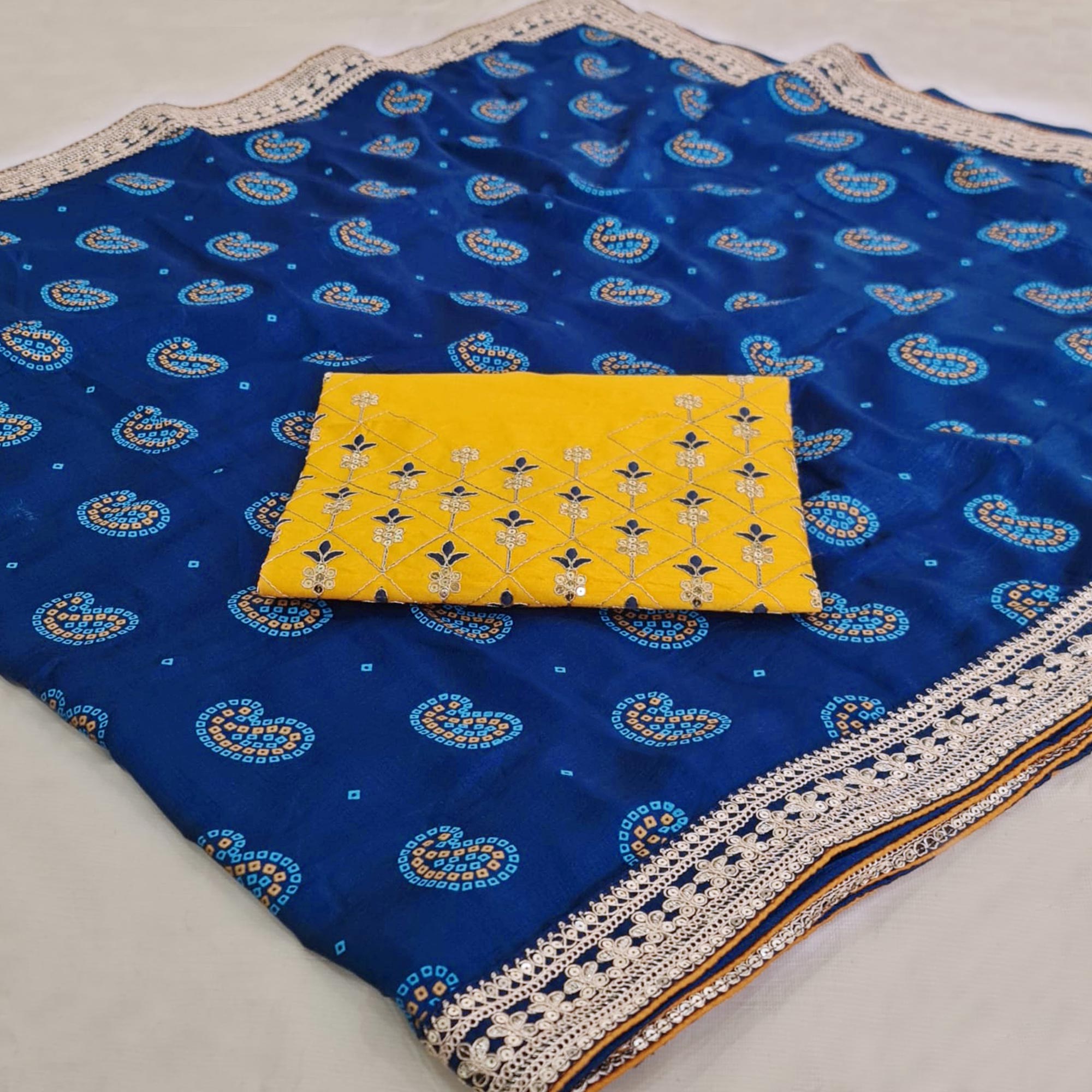 Blue Bandhani Printed With Sequins Vichitra Silk Saree