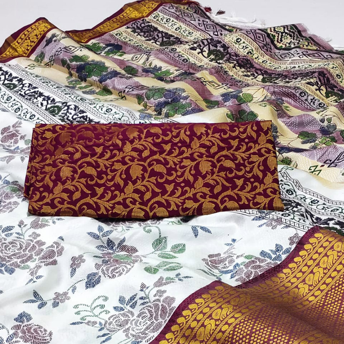 White And Maroon Floral Printed With Woven Cotton Silk Saree