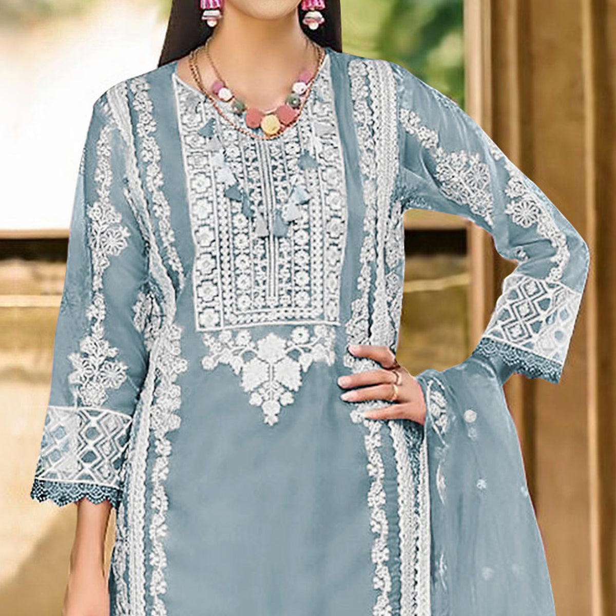 Slate Blue Floral Embroidered Organza Pakistani Suit