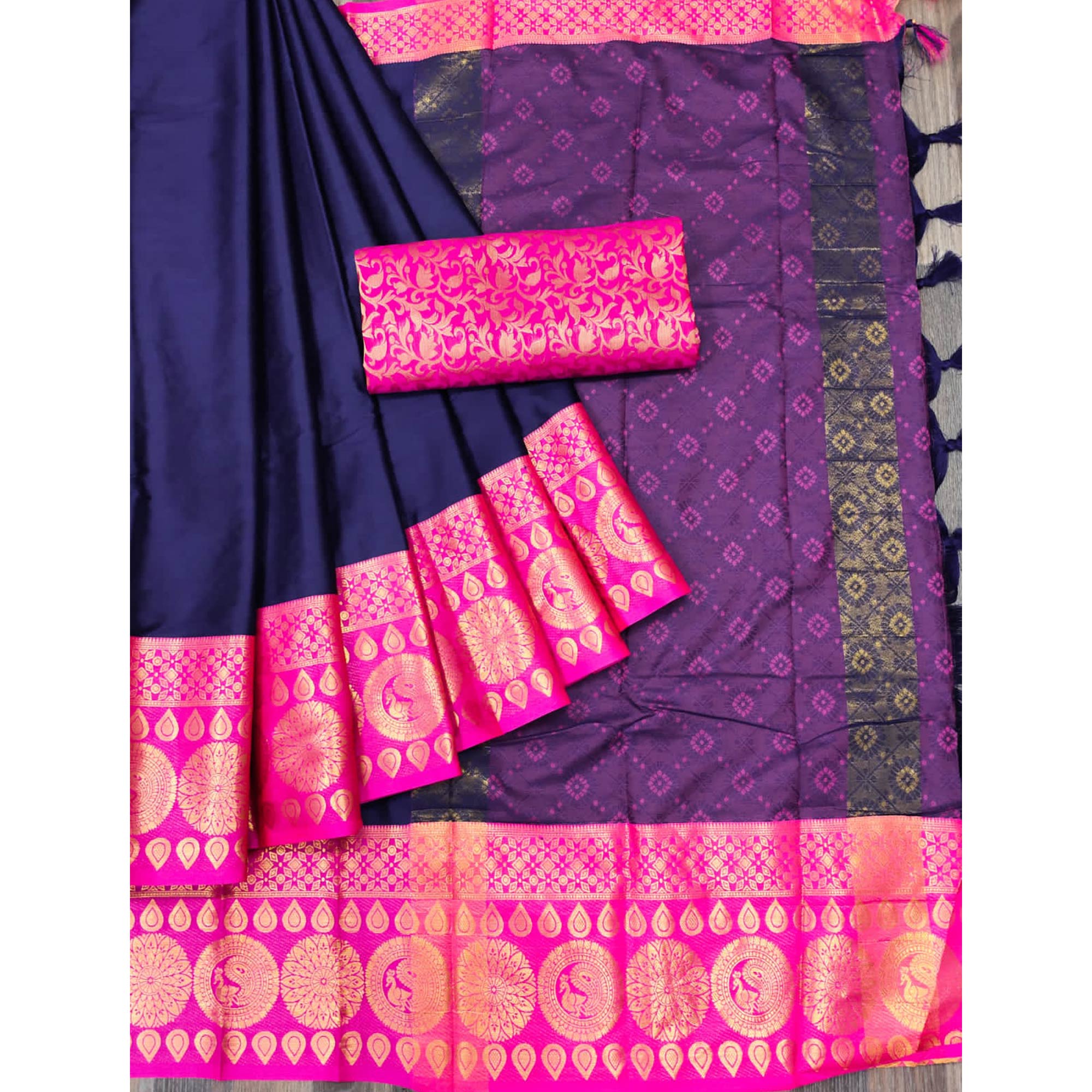 Navy Blue Woven Cotton Silk Saree With Tassels