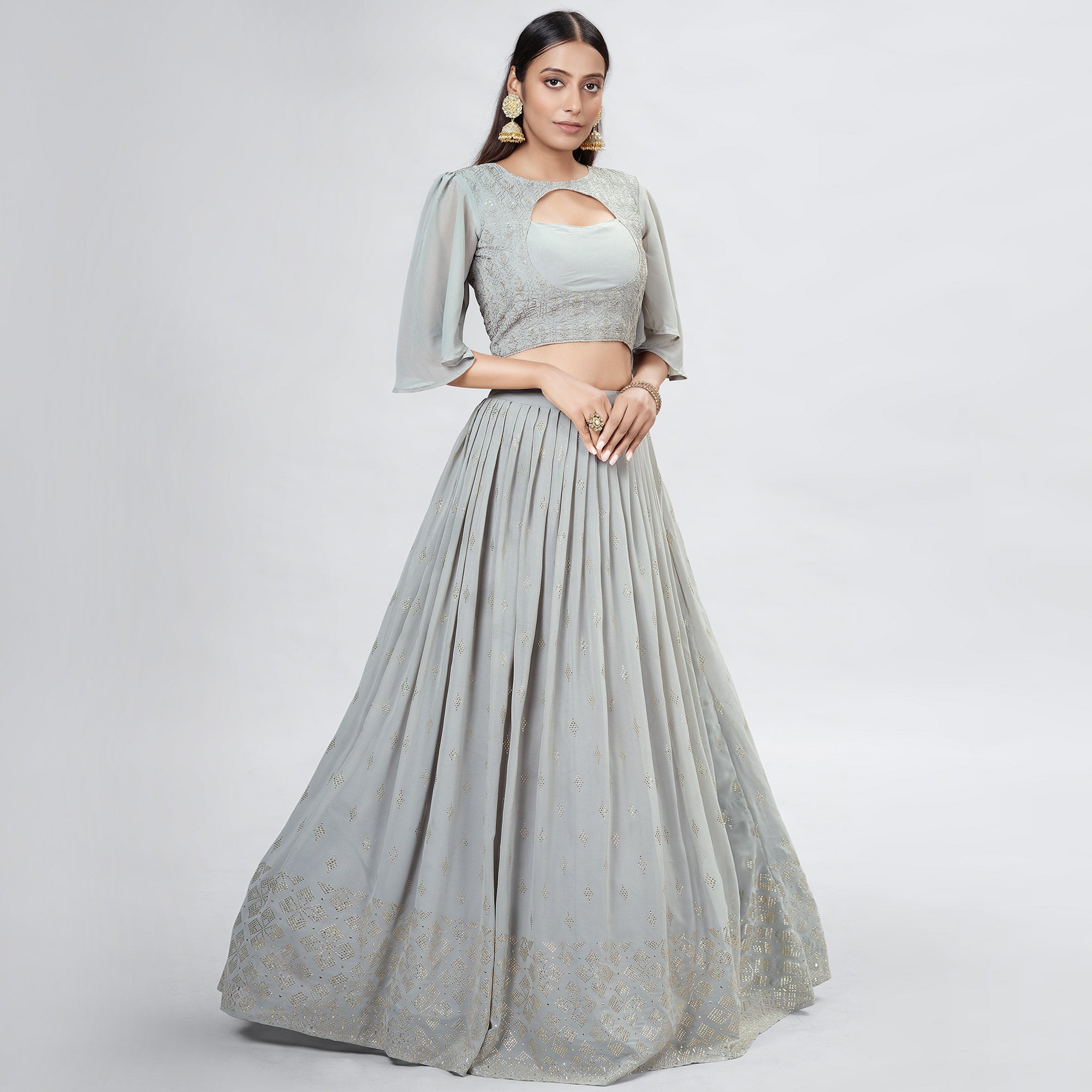 Grey Embellished With Embroidered Georgette Lehenga Choli