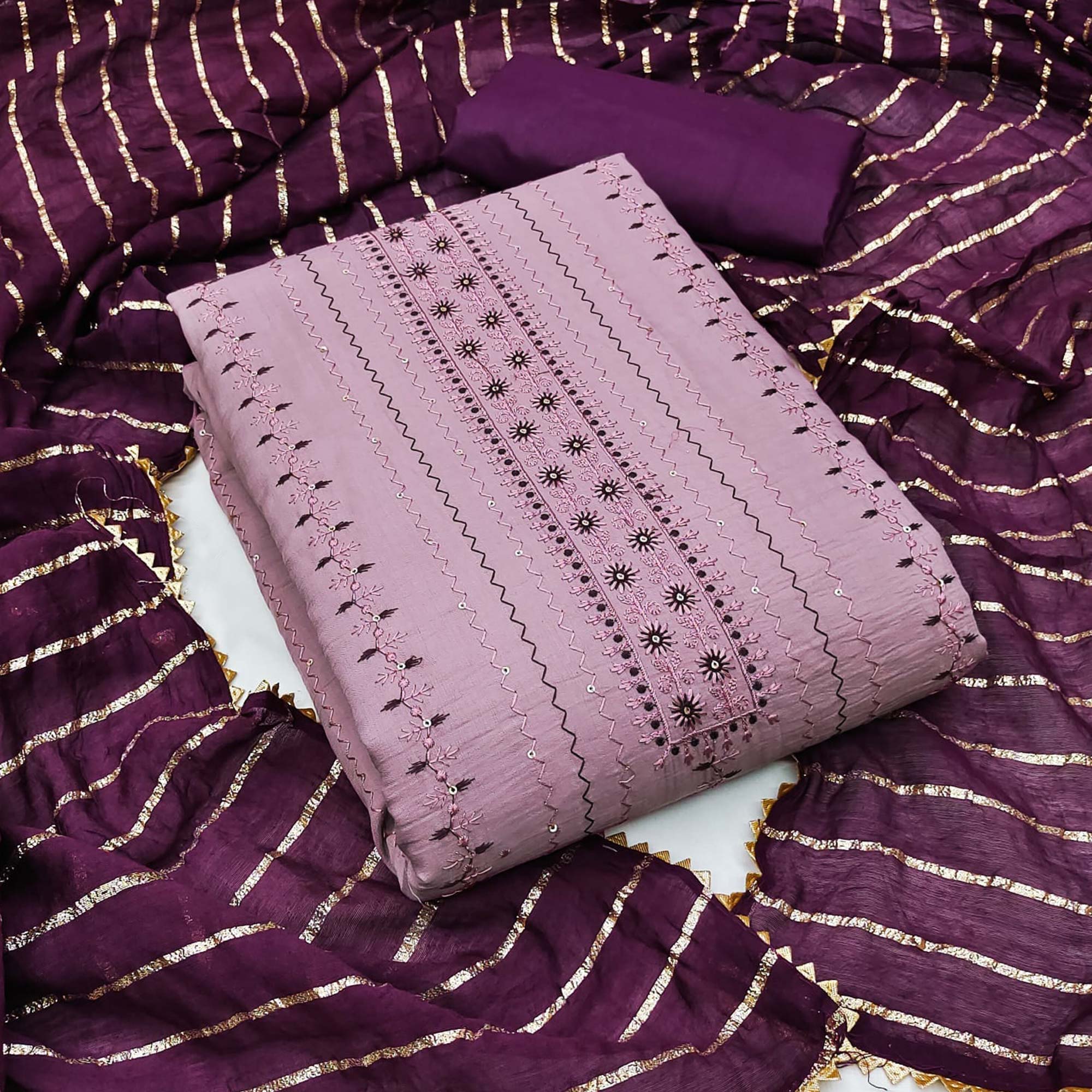 Light Purple Sequins Embroidered Cotton Blend Dress Material